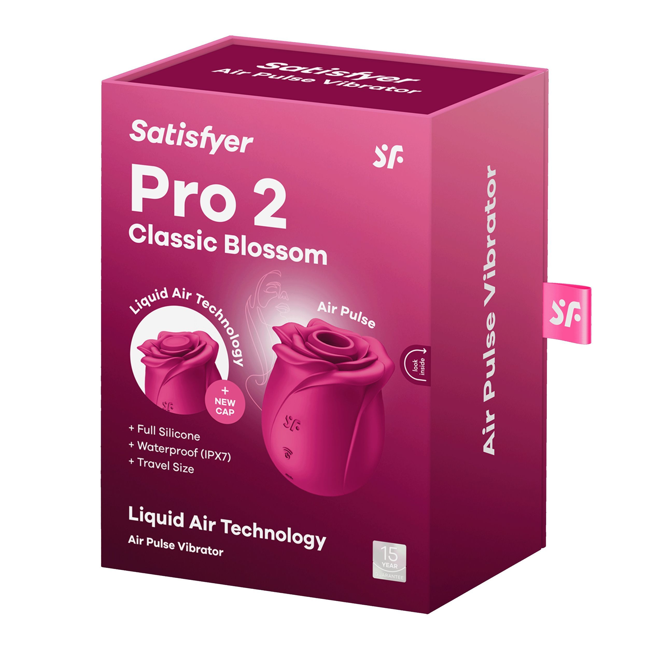 Confezione di Satisfyer Pro 2 Classic Blossom. Rosa, con immagine del prodotto e testo.