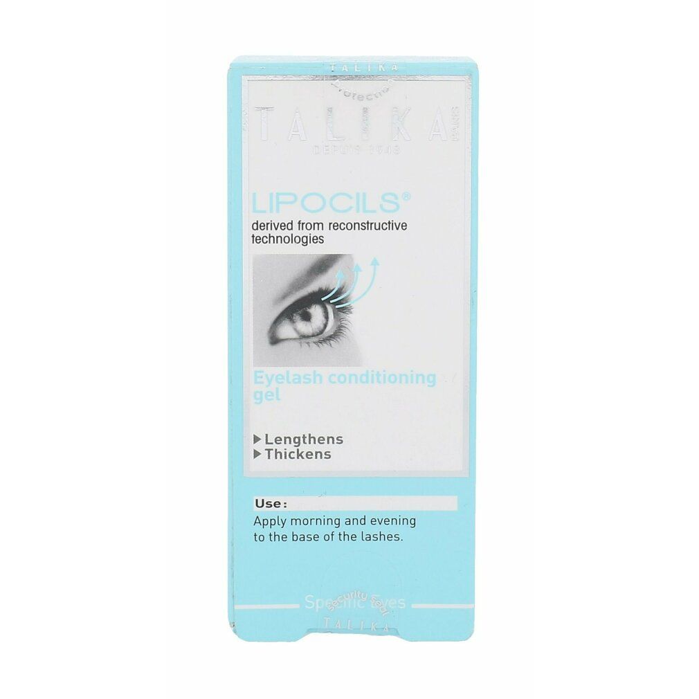 Confezione azzurra con informazioni sul prodotto. Testo: LIPOCILS, Eyelash conditioning gel.