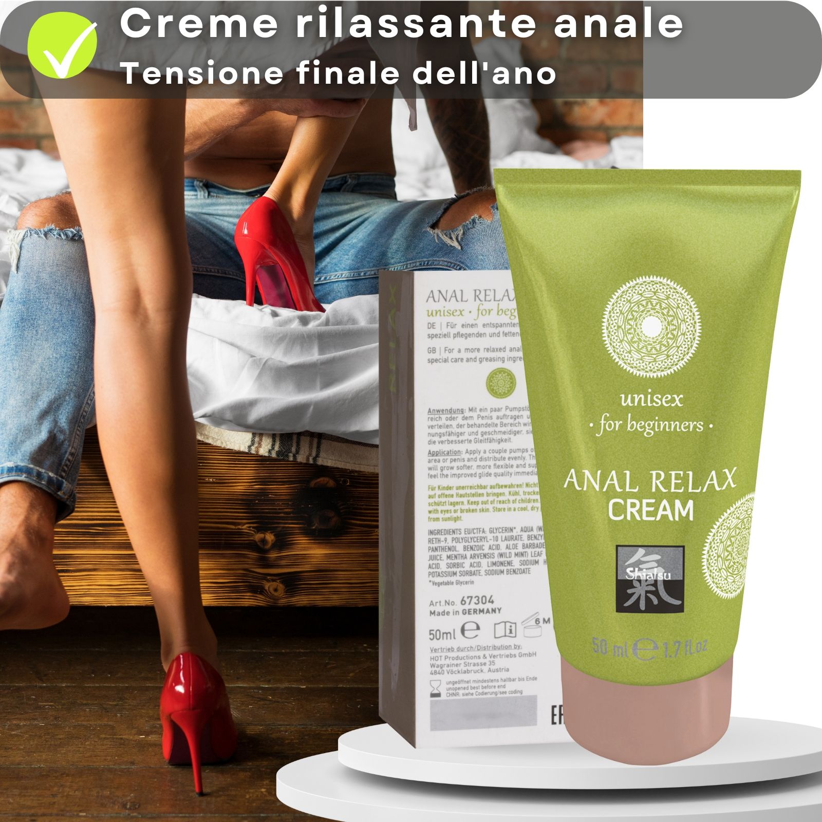 Tubo e scatola verdi. Testo: ANAL RELAX CREAM, unisex for beginners. Logo. Tappo rosa. 50 ml. Coppia sullo sfondo.