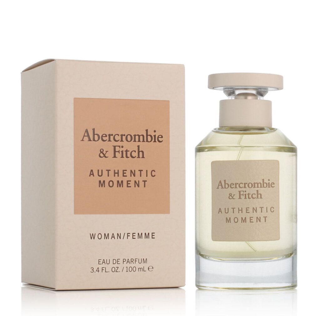 Flacone di profumo e confezione. Scritta: Abercrombie & Fitch, Authentic Moment, Woman/Femme. 100 ml.