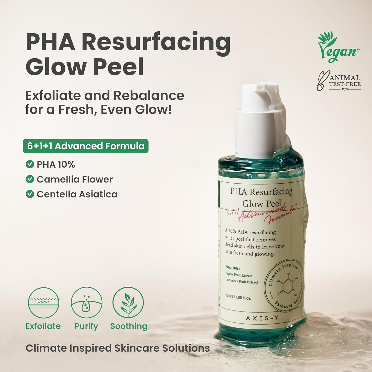Flacone AXIS-Y PHA Resurfacing Glow Peel. Sigilli vegan e cruelty-free. Testo: Esfolia e riequilibra per una pelle fresca e luminosa!