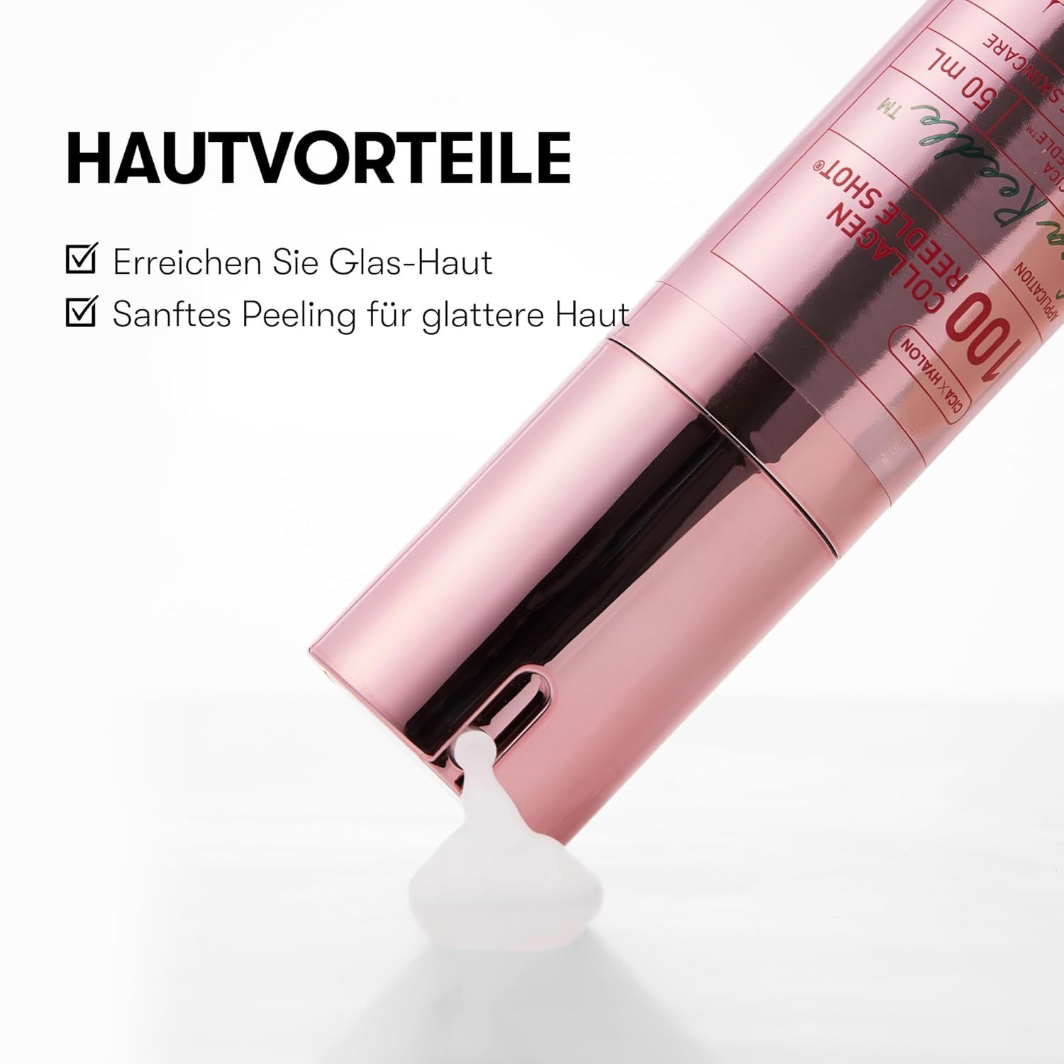 Flacone rosa, prodotto che esce. Testo: Collagen REEDLE SHOT 100, 50 ml. Vantaggi: pelle di vetro, peeling delicato.
