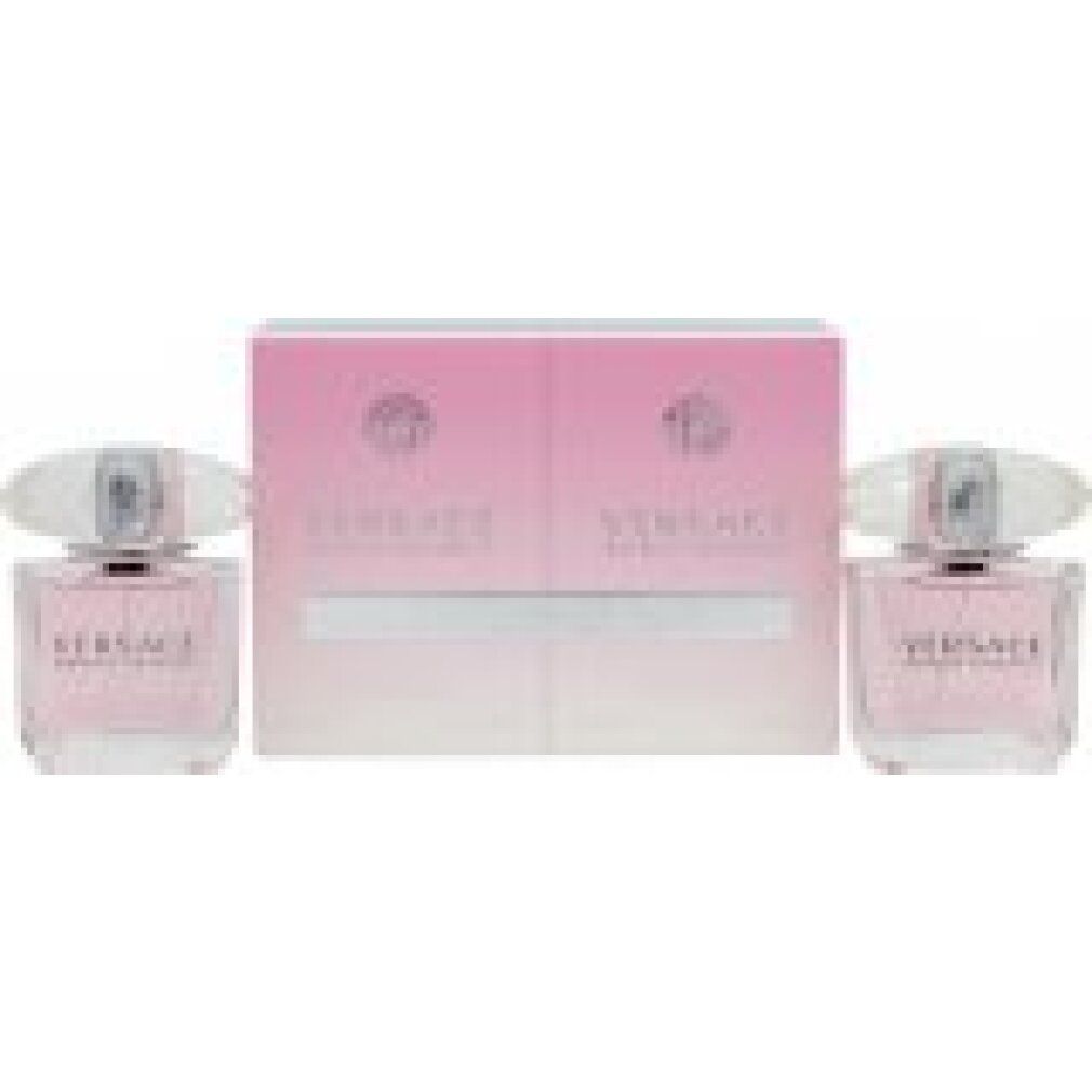 Set regalo con due flaconi di profumo e confezione. Flaconi con liquido rosa, tappi trasparenti e scritta VERSACE.