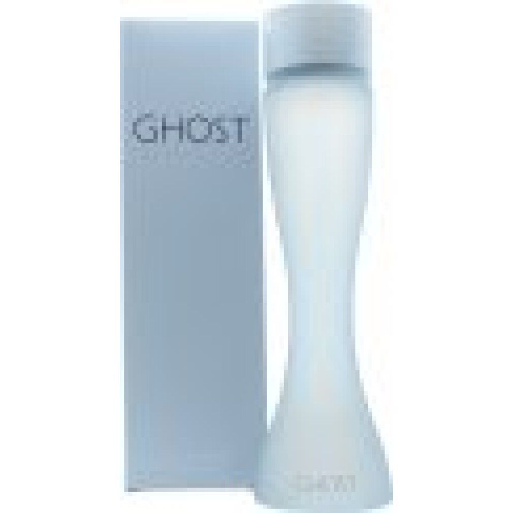 Flacone azzurro chiaro con tappo bianco e scritta GHOST. Accanto, confezione azzurra chiara con logo GHOST.