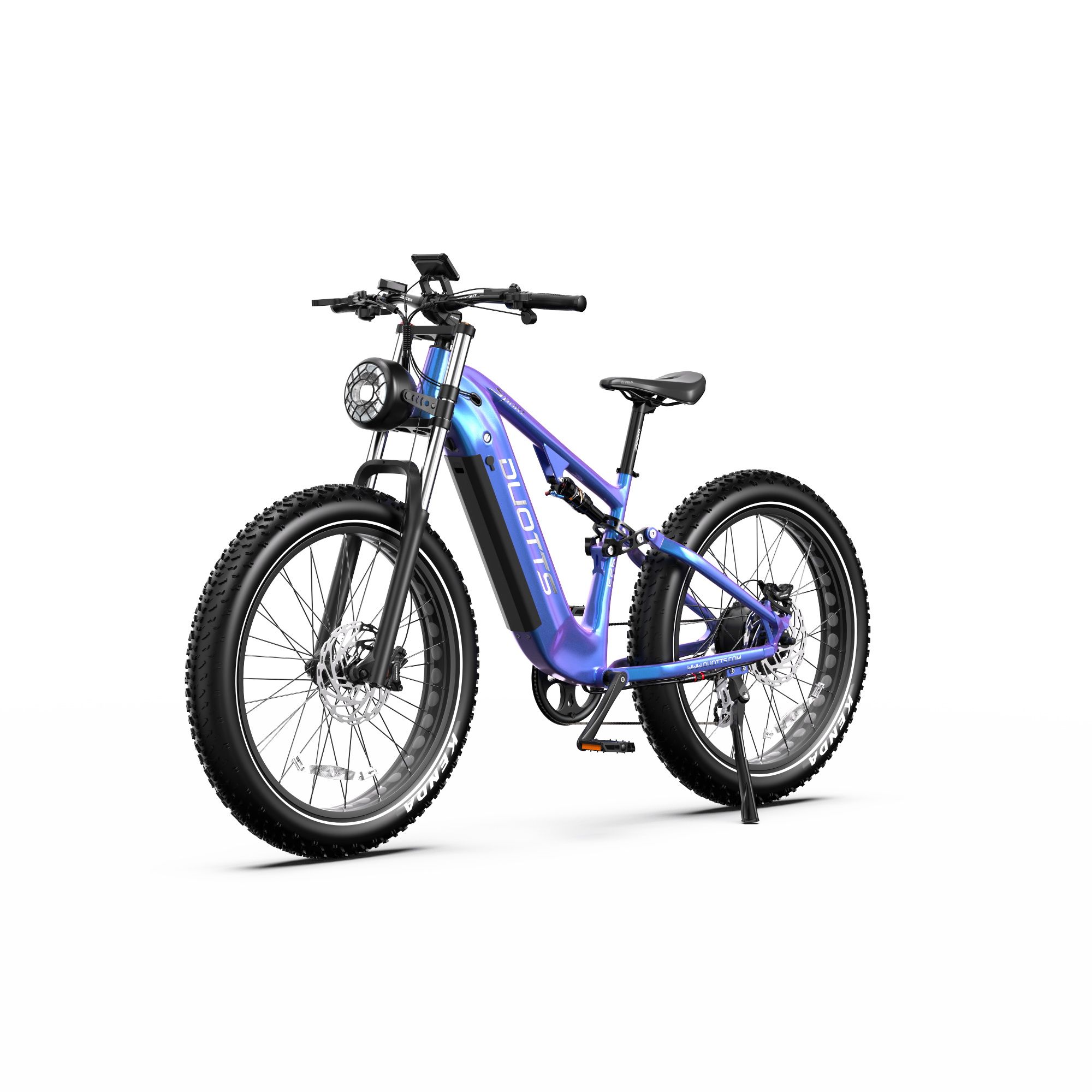 Mountain bike elettrica sfumata. Pneumatici, sella e manubrio neri. Logo DUOTTS sul telaio. Faro anteriore.