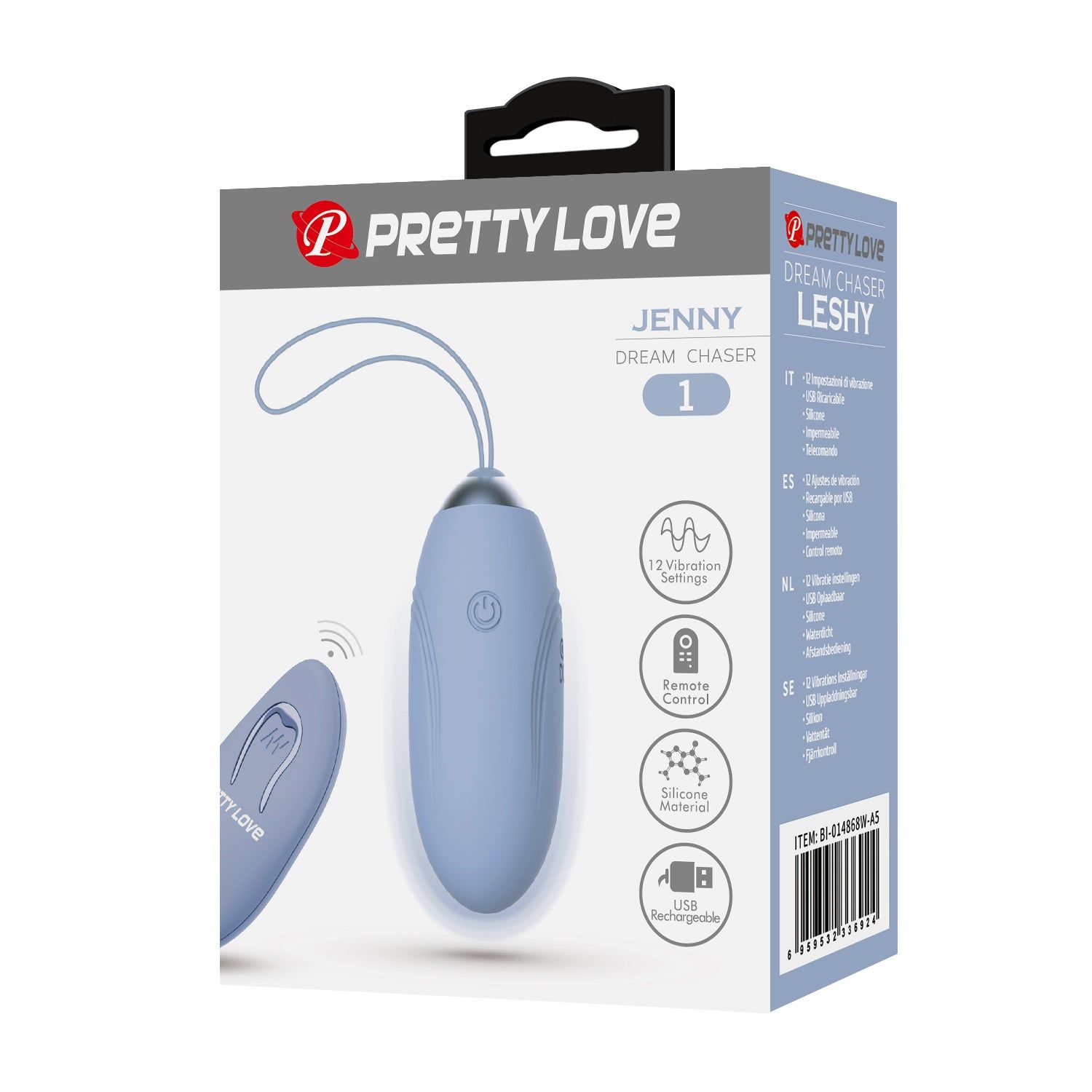 Confezione di Jenny Dream Chaser 1. Vibratore blu con anello e telecomando. Logo Pretty Love.
