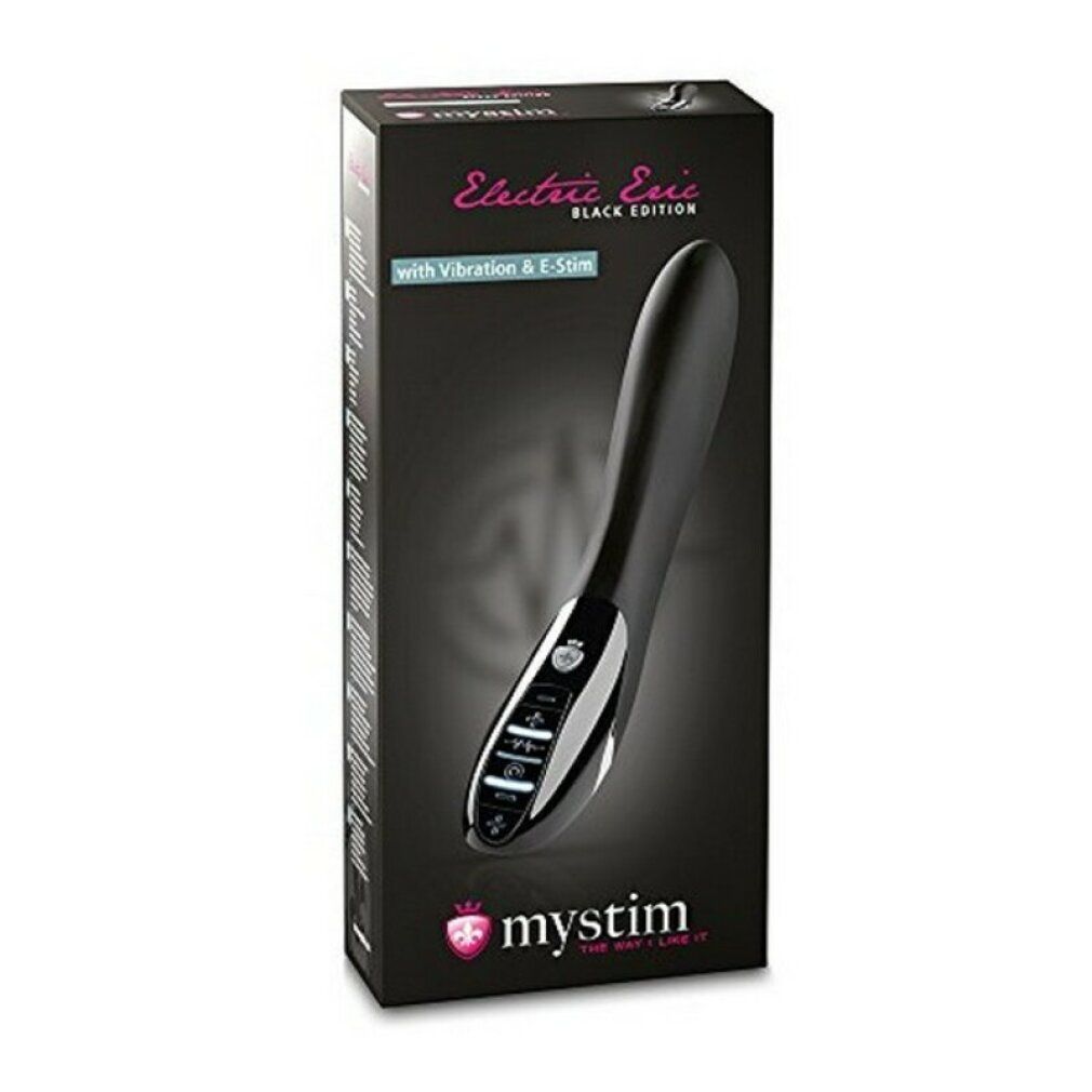 Prodotto benessere nero in confezione. Scritta: Electric Eric Black Edition. Con Vibrazione & E-Stim. Marchio: mystim.