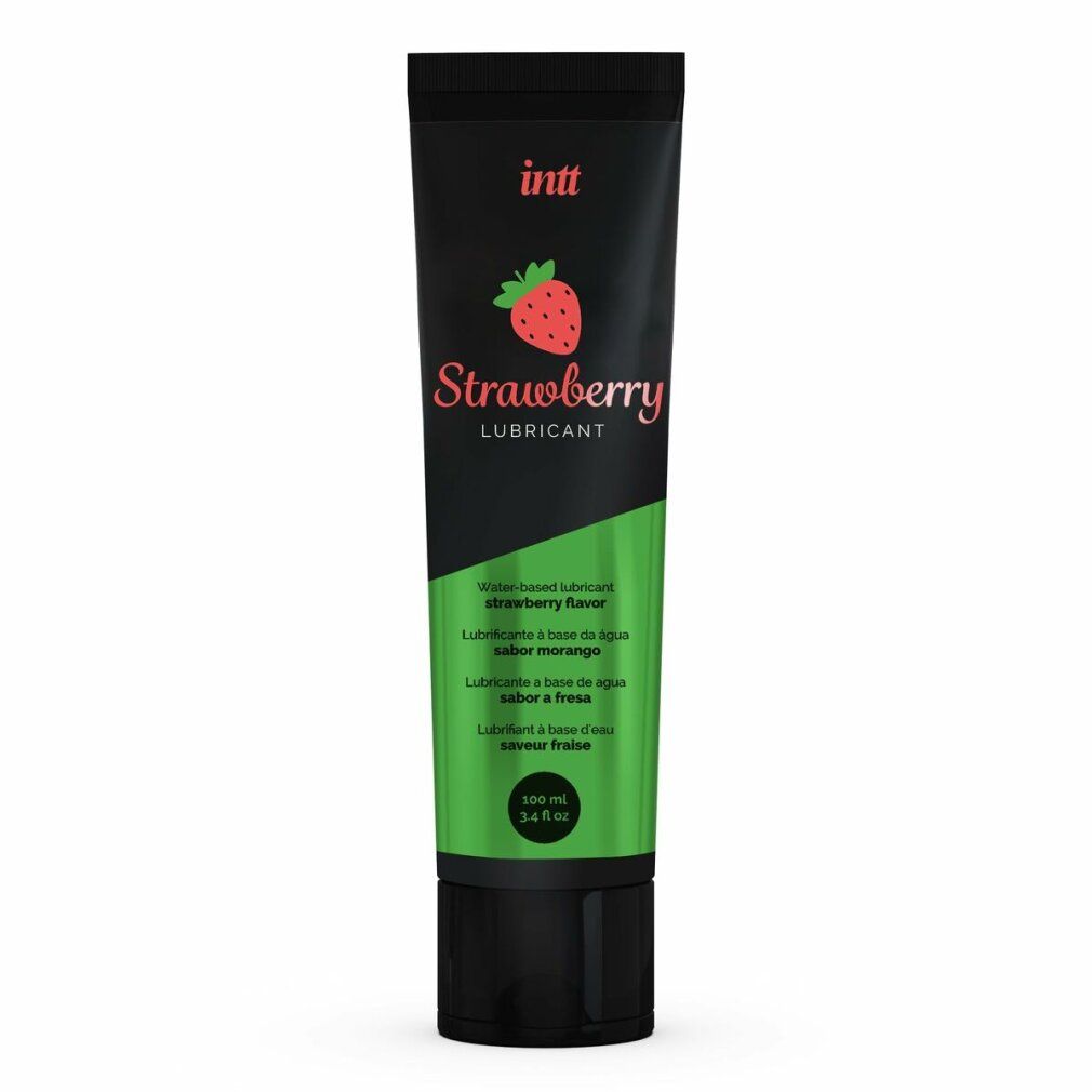 Tubo nero e verde. Scritta INTT, fragola, lubrificante. Testo multilingue. Tappo nero. Contenuto 100 ml.
