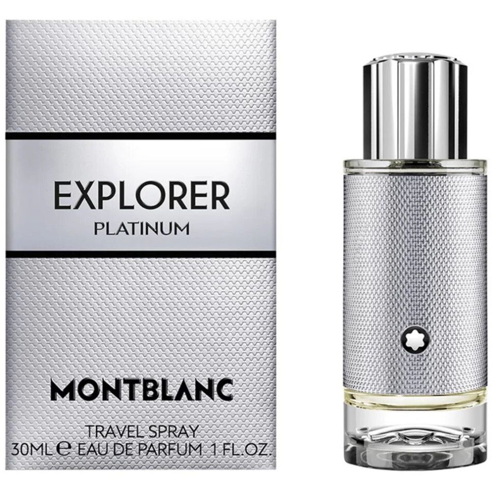 Montblanc Explorer Platinum EdP Nat. Spray. Flacone e confezione. Design argento con logo e scritta. 30ml.