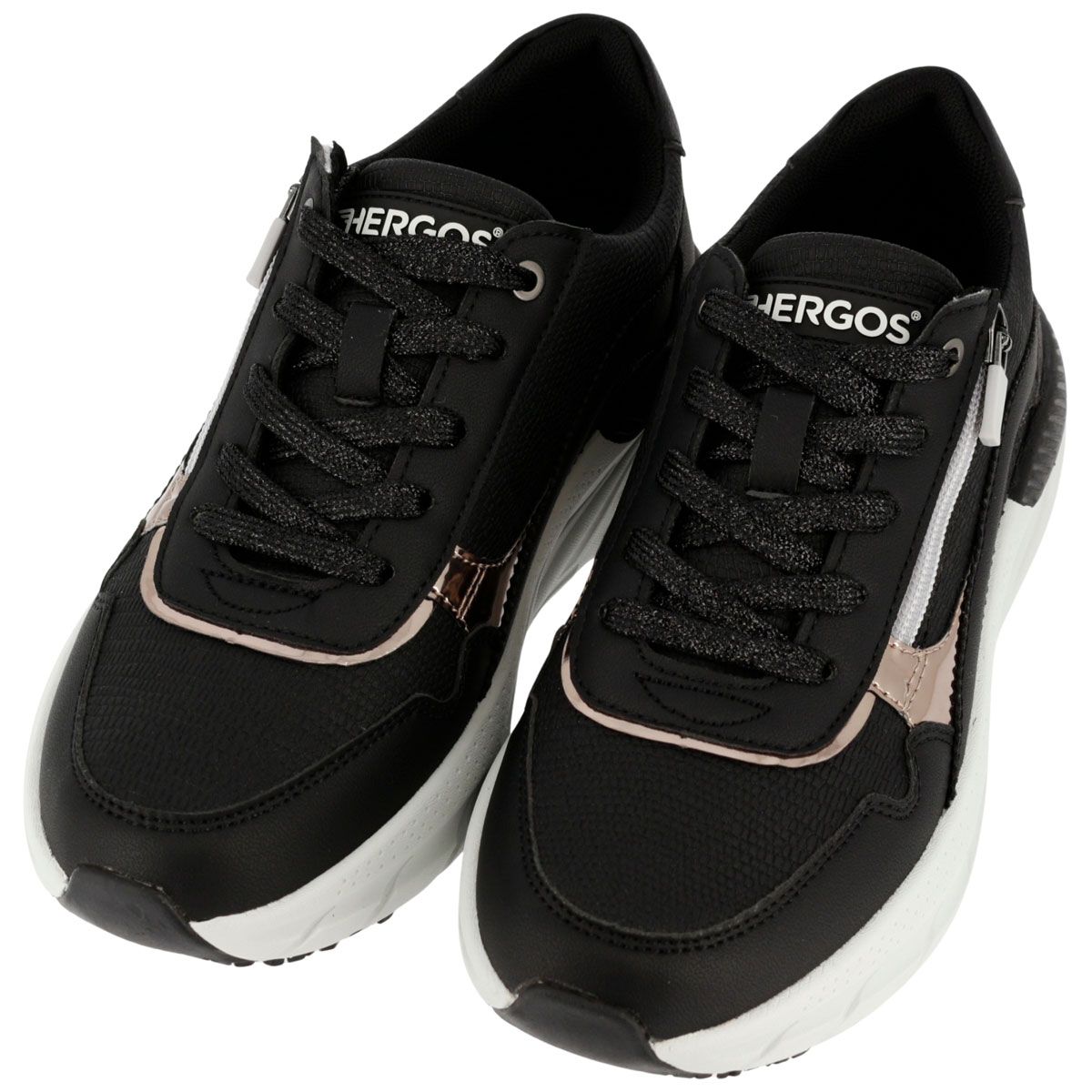 Sneakers neri con zip e lacci. Suola bianca, dettagli oro rosa. Marchio HERGOS.