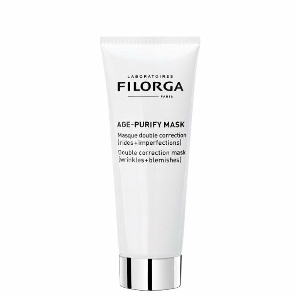 Tubo bianco con base argentata. Scritta: FILORGA, AGE-PURIFY MASK. Maschera doppia correzione per rughe e imperfezioni.