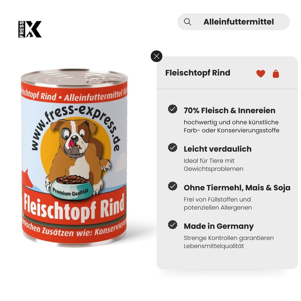 Lattina Fress-express Fleischtopf Rind. Etichetta con cane, ciotola, testo. Finestra pop-up con informazioni sul prodotto: 70% carne, facile da digerire, senza cereali, mais e soia, Made in Germany.