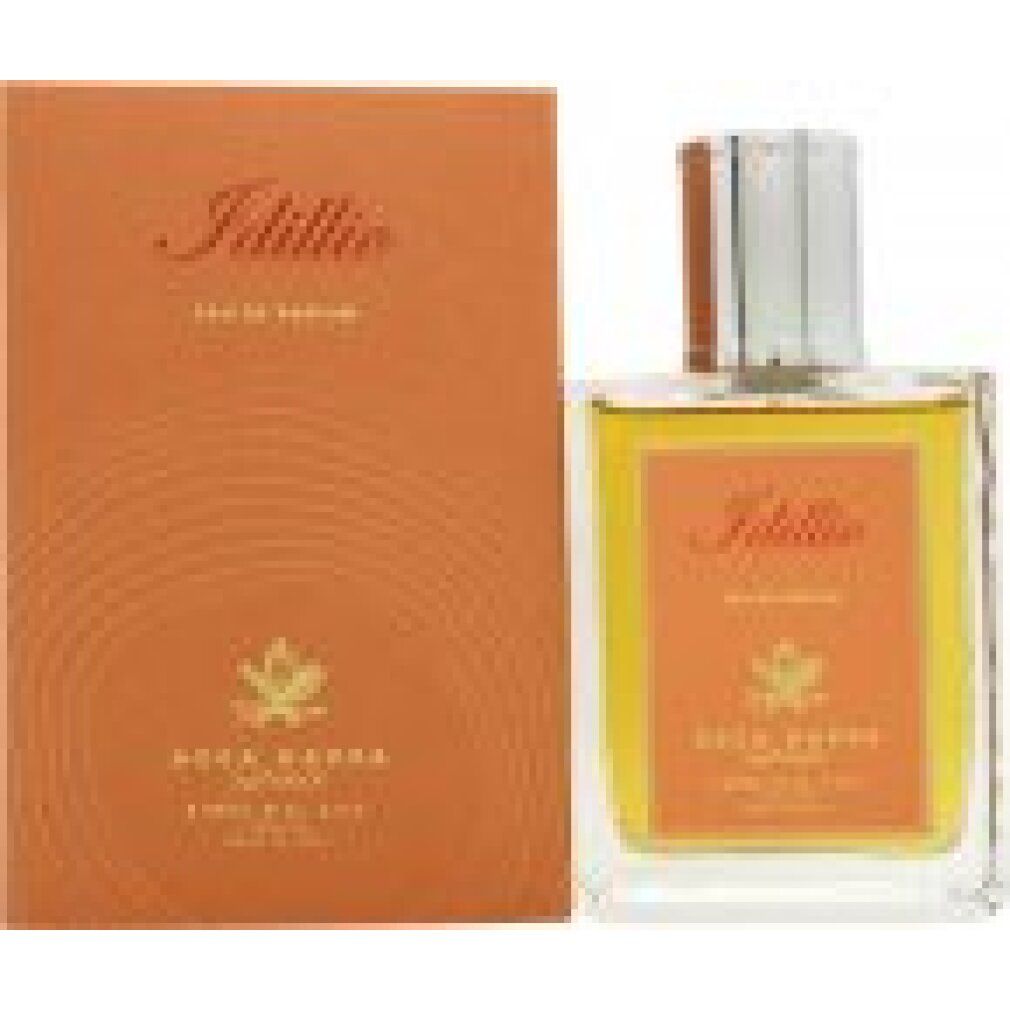 Flacone di profumo e confezione. Flacone quadrato, in vetro. Confezione arancione con scritta Idillio e Acca Kappa.