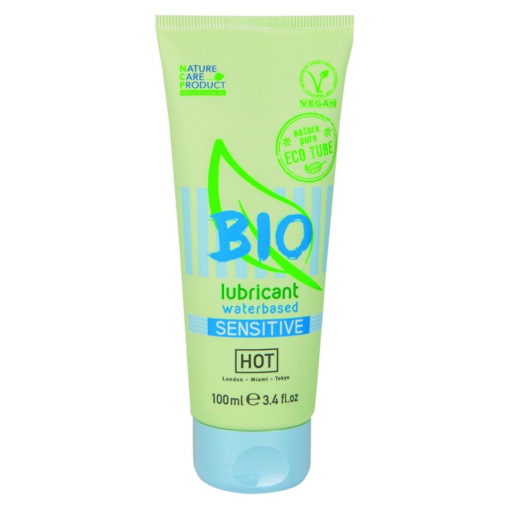 Lubrificante BIO Sensitive, a base d'acqua, tubo da 100ml. Motivi a foglia e onde.