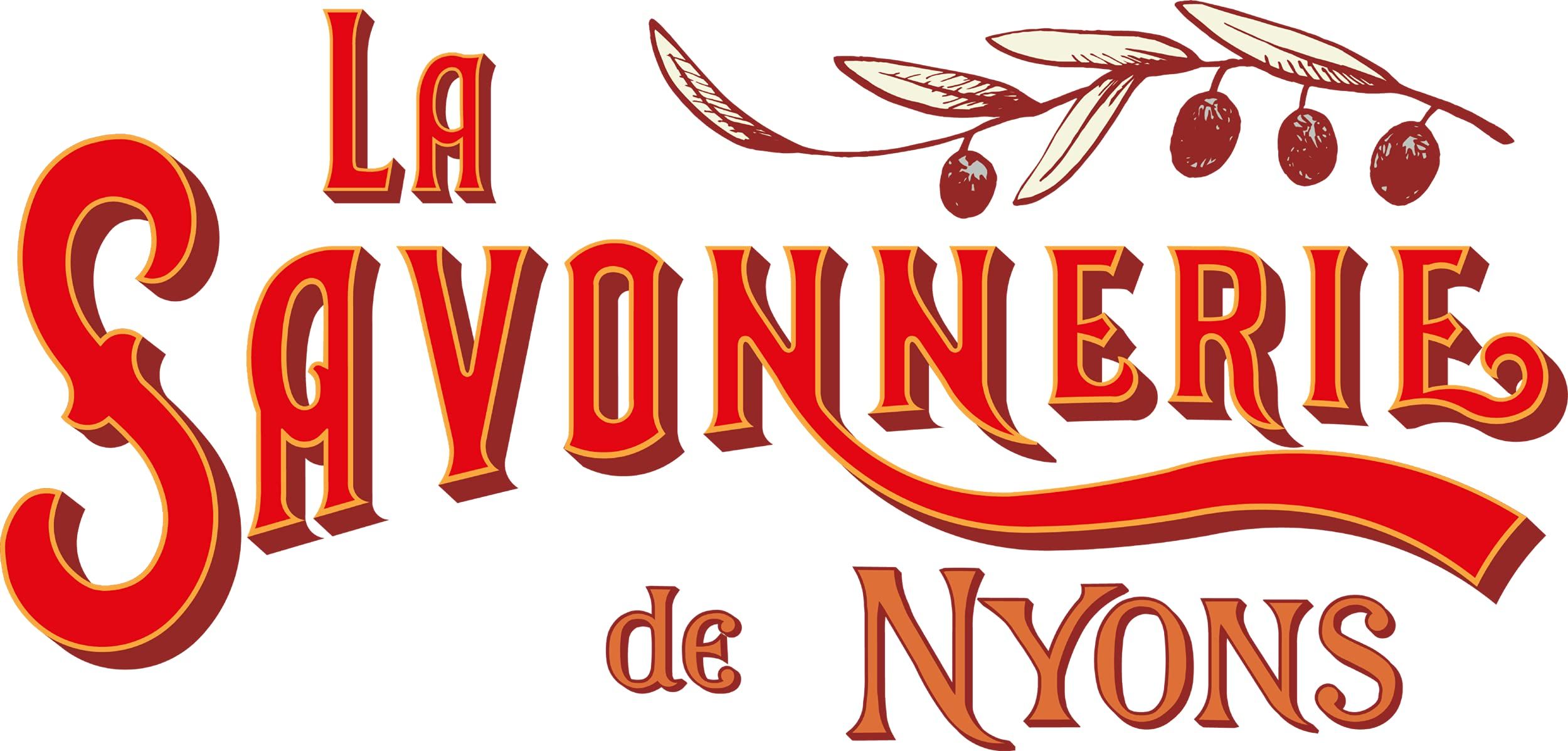 Logo "La Savonnerie de Nyons" in rosso e oro. Con illustrazione di ramo d'ulivo.