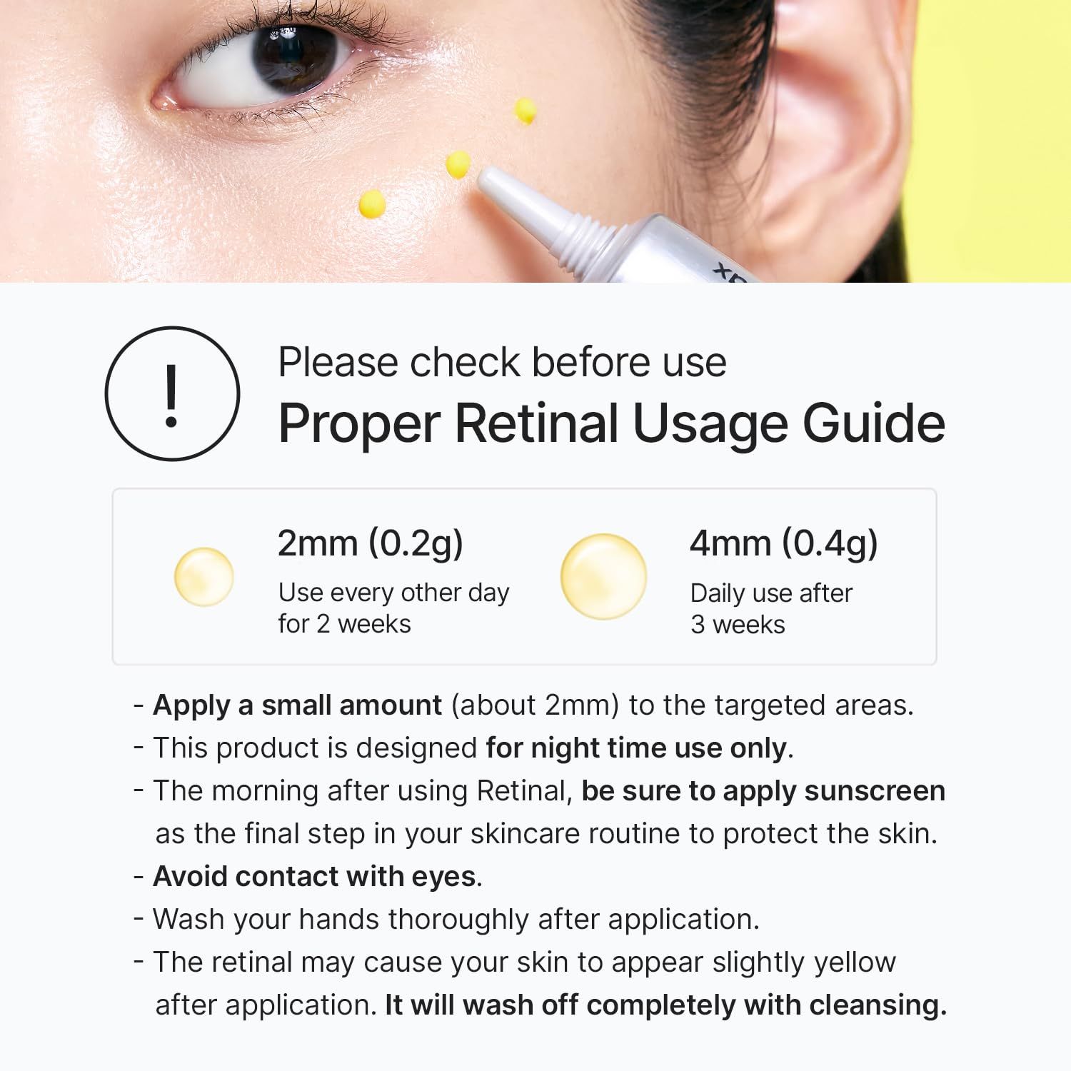 Guida all'uso del retinolo. Dosaggio: 2mm (0,2g) a giorni alterni, 4mm (0,4g) quotidianamente dopo 3 settimane.