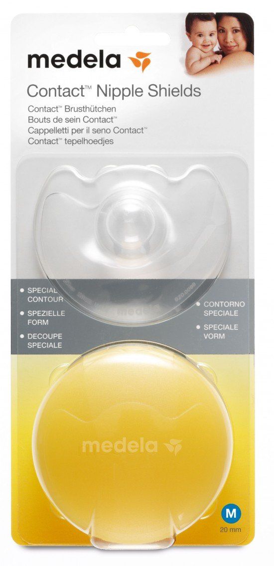 Medela Contact capezzoli, custodia in plastica trasparente. Scatola gialla, taglia M, 20 mm. Confezione con bambino e madre.