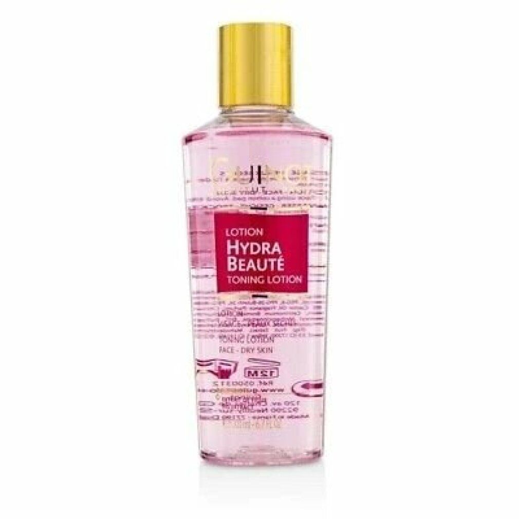 Lozione tonica Guinot Hydra Beauté. Liquido rosa in flacone, tappo dorato. Etichetta rossa con testo.