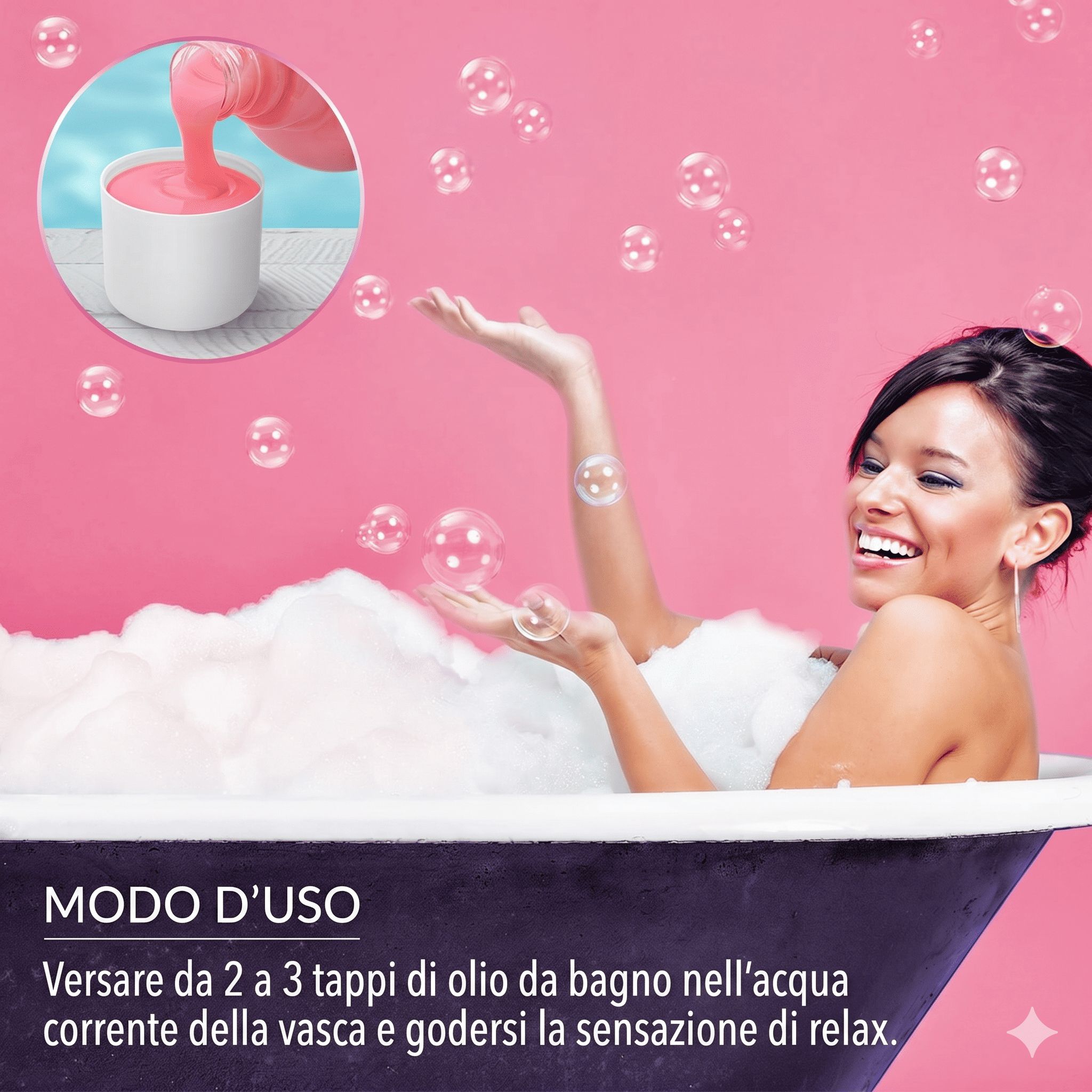 Una mano versa olio da bagno rosa in un contenitore bianco.