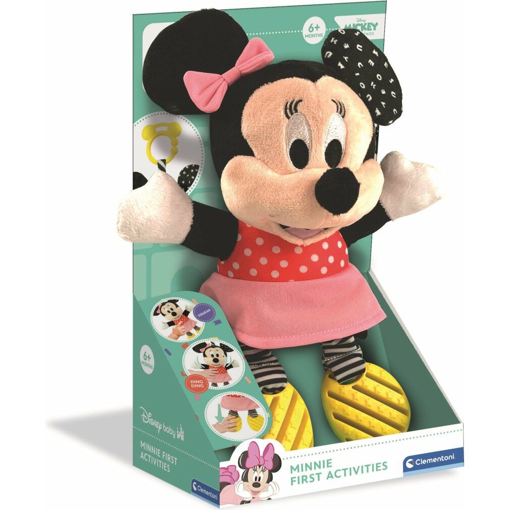 Peluche Minnie Mouse in confezione. Abito rosso a pois, piedi gialli, orecchie con motivi. Confezione con logo e testo.