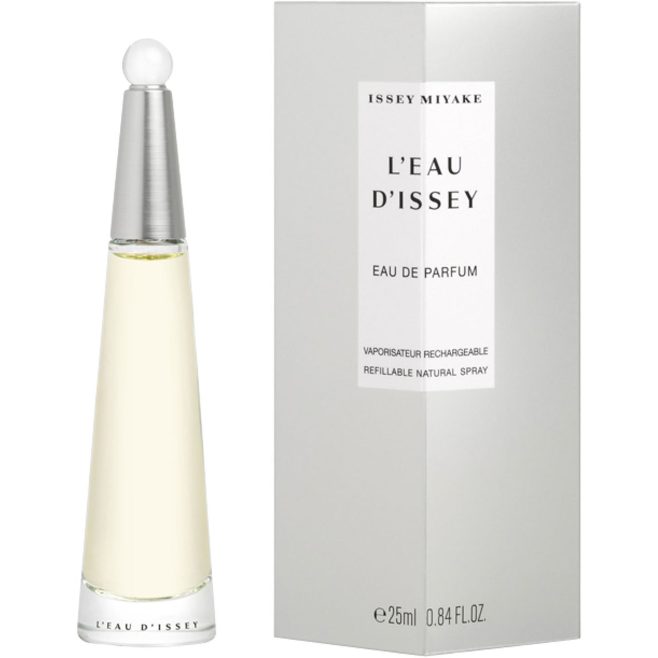 Flacone di profumo accanto a confezione bianca. Scritta: ISSEY MIYAKE, L'EAU D'ISSEY, Eau de Parfum, Vaporizzatore Ricaricabile.