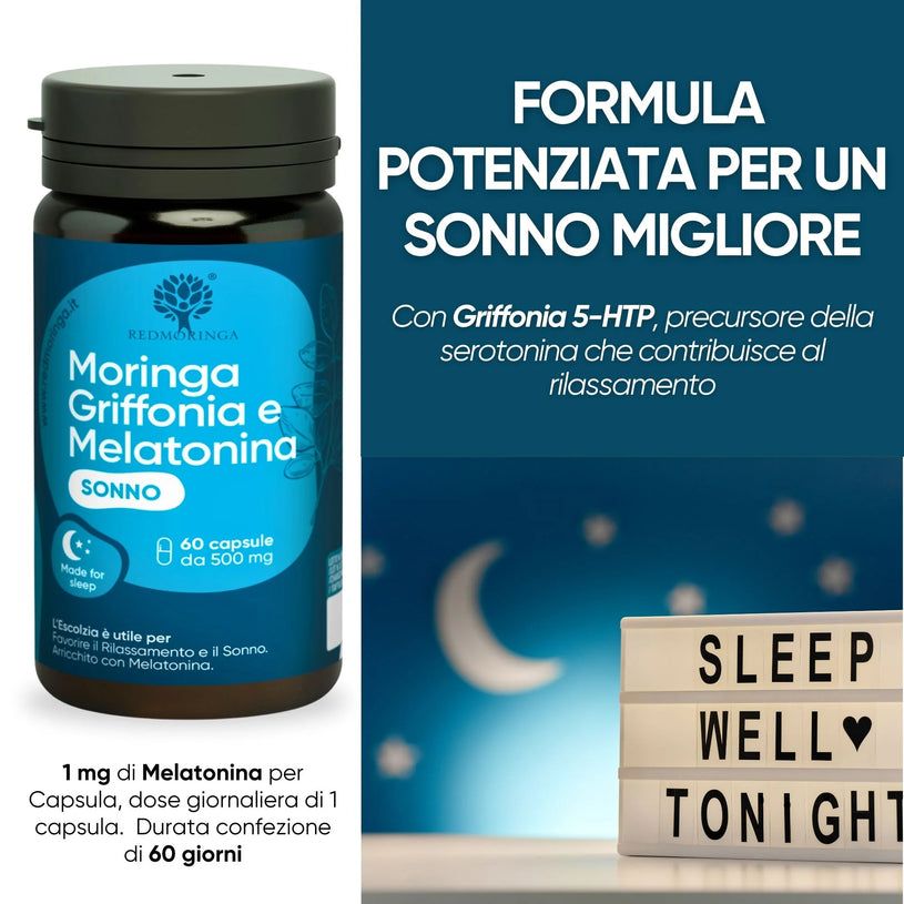 Flacone blu scuro con capsule. Scritta: Moringa Griffonia e Melatonina, 60 capsule. Marchio: RedMoringa.