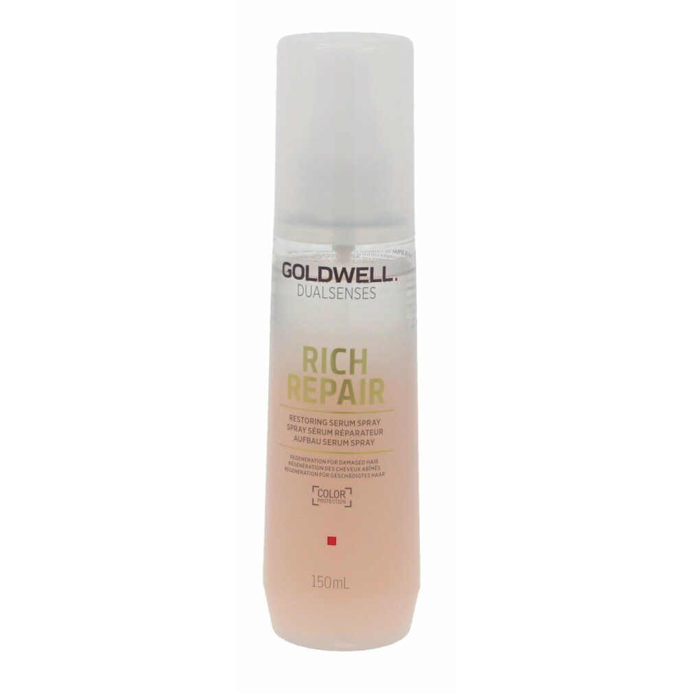 Goldwell Dualsenses Rich Repair Serum Spray. Flacone con erogatore spray. Testo: Rich Repair, 150 ml. Simbolo protezione colore. Sfumatura.
