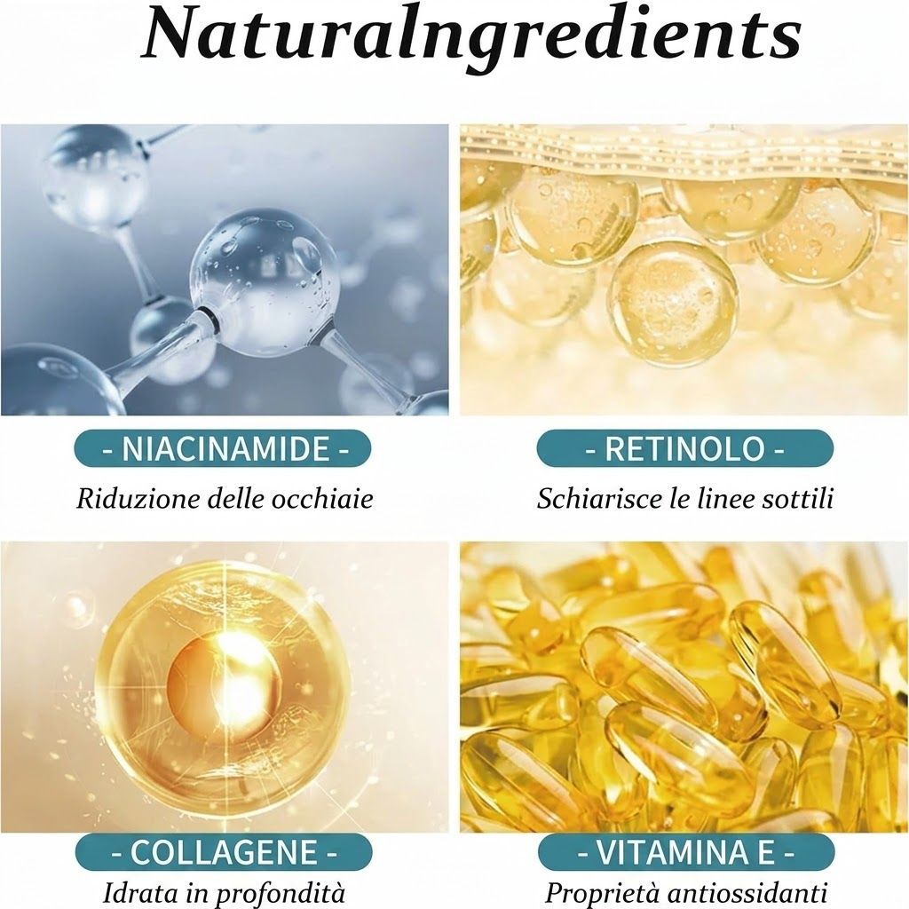 Ingredienti naturali della crema Soleneva Retinololo: Niacinamide, Retinolo, Collagene, Vitamina E.