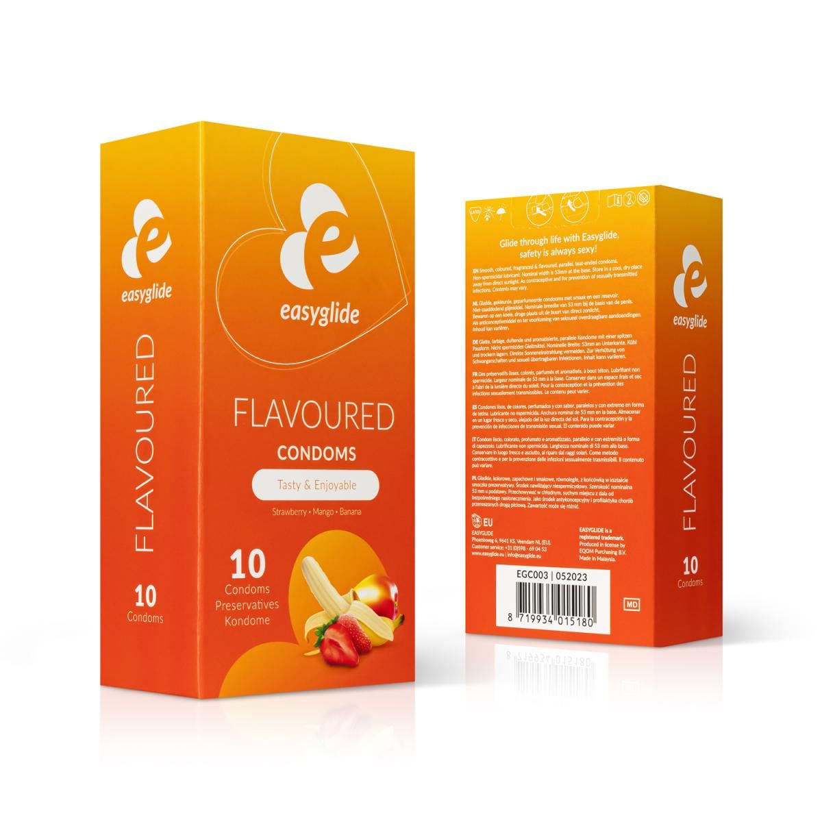 Confezione EasyGlide Preservativi Aromatizzati, 10 pezzi. Retro con informazioni sul prodotto.