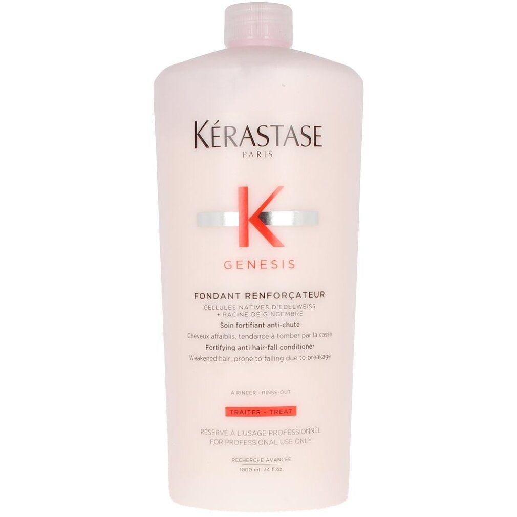 Flacone rosa con tappo bianco. Kérastase Genesis, logo e testo. Fondant Renforcateur, balsamo anticaduta. Per capelli indeboliti.