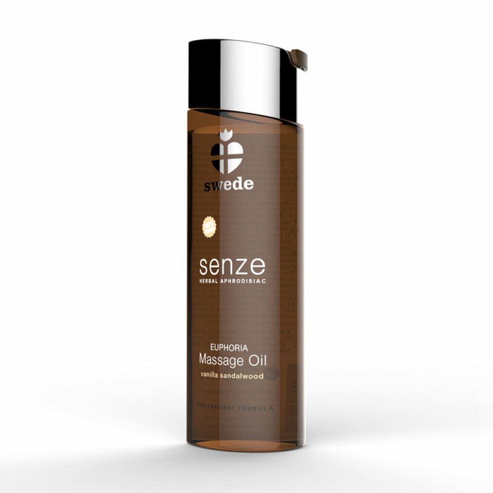 Flacone marrone con tappo argentato. Scritta: Swede, senze, Euphoria Massage Oil, vanilla sandalwood.
