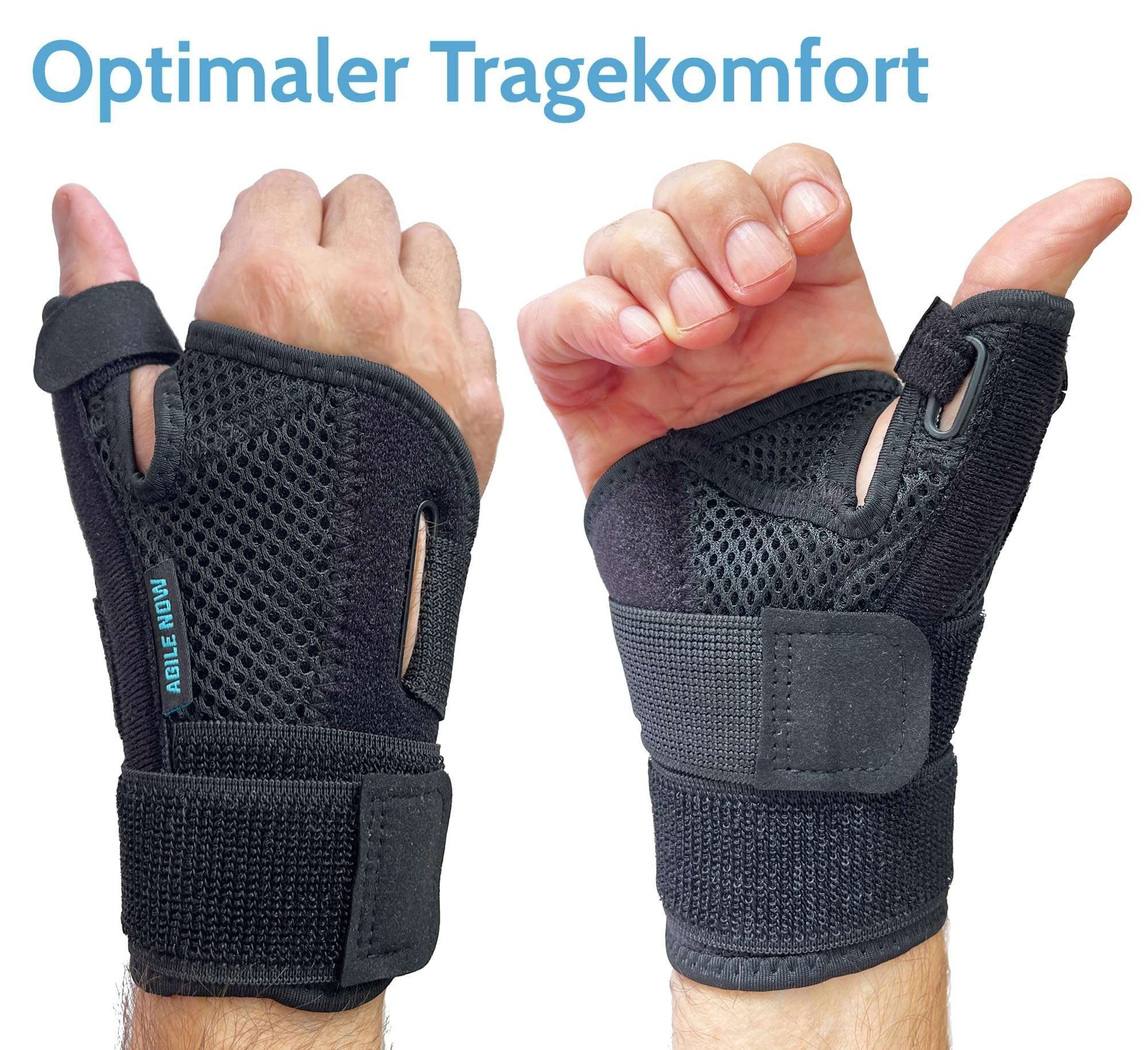 Due mani con tutori per pollice neri. Tessuto a rete e chiusure in velcro visibili. Scritta: AGILE NOW.