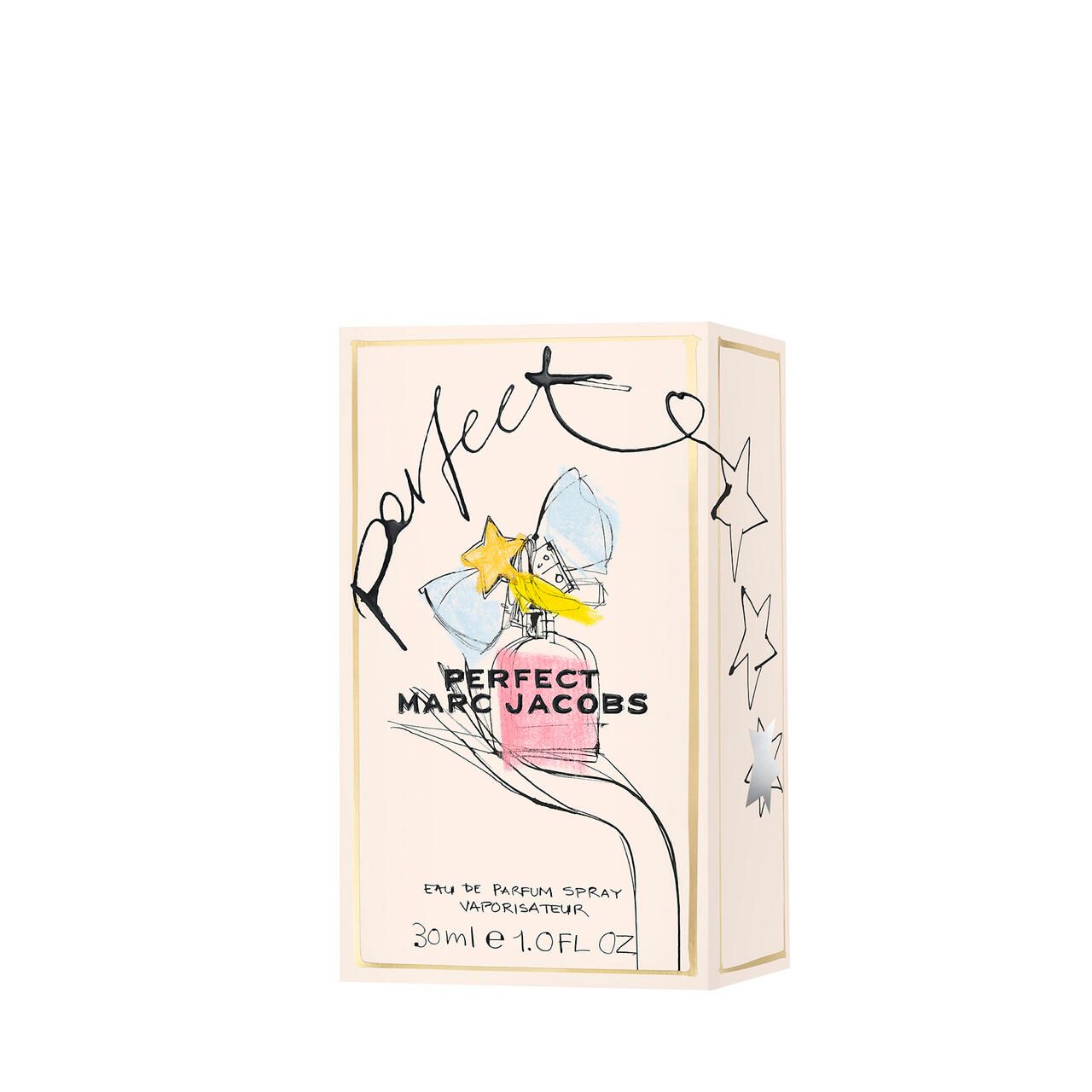Confezione di profumo con scritta: PERFECT MARC JACOBS. Illustrazione del flacone con fiocco. Scritta: 30ml 1.0 FL OZ.