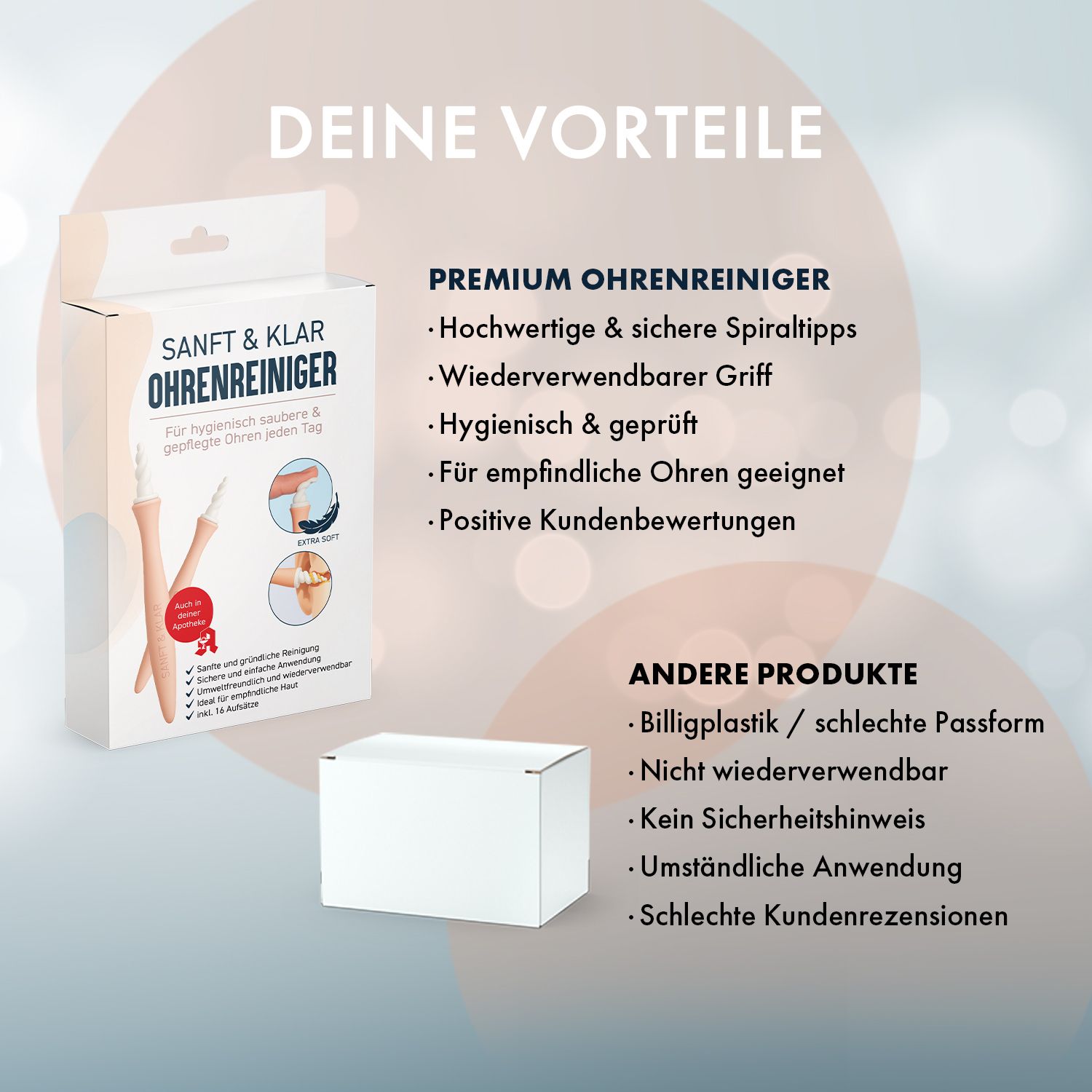 Confezione del prodotto con testo: SANFT & KLAR Ohrenreiniger. Bastoncini di pulizia rosa. Vantaggi: punte a spirale di alta qualità, riutilizzabili, igieniche.