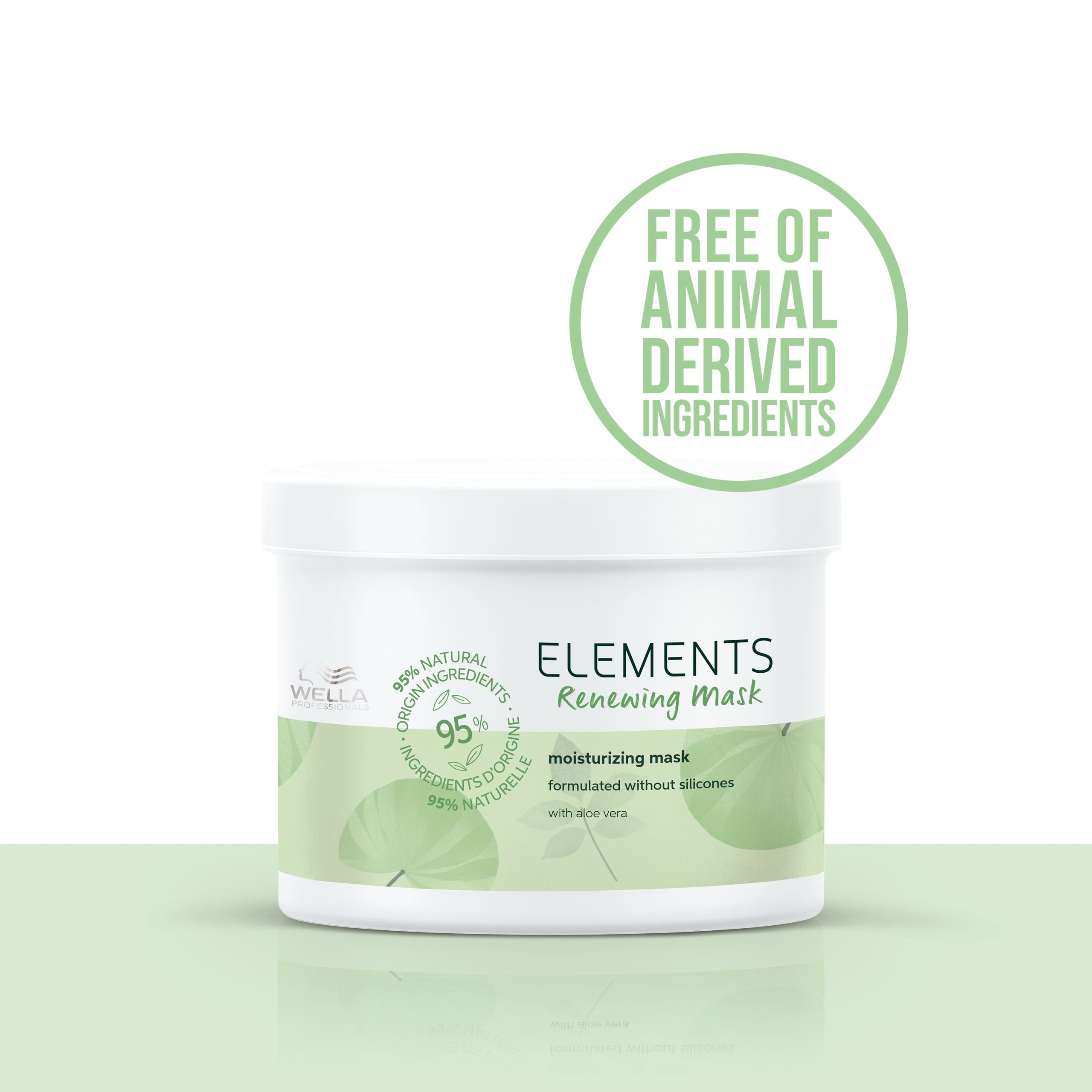 Vaso bianco con stampa verde. Scritta: ELEMENTS Renewing Mask, senza ingredienti di origine animale.