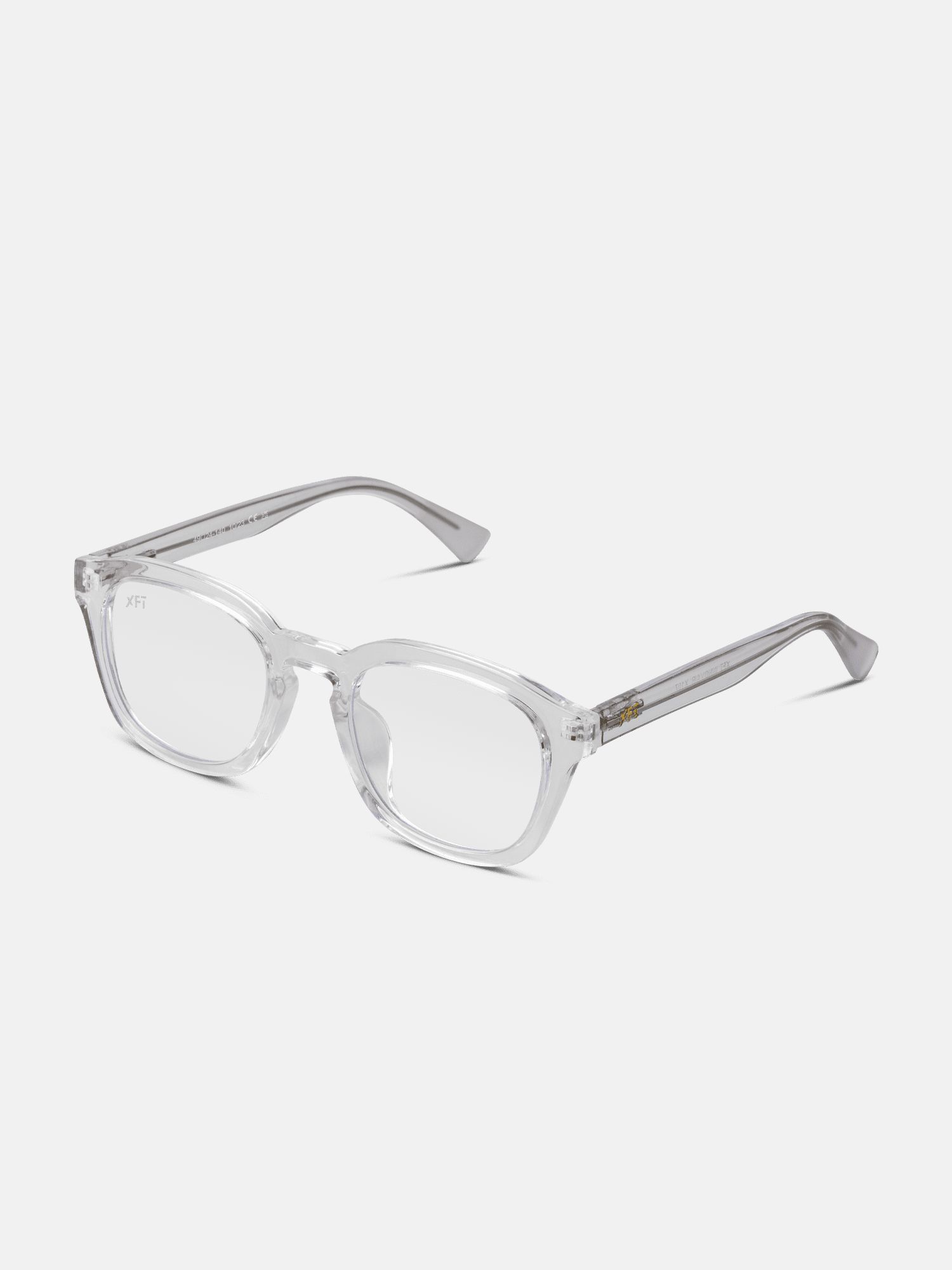 Occhiali trasparenti con lenti quadrate. Aste con logo XFT. Design unisex.
