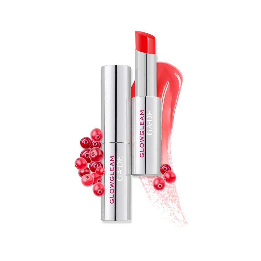 Rossetto rosso con astuccio argentato. Scritta: GLOWGLEAM, GA-DE. Accanto bacche rosse.