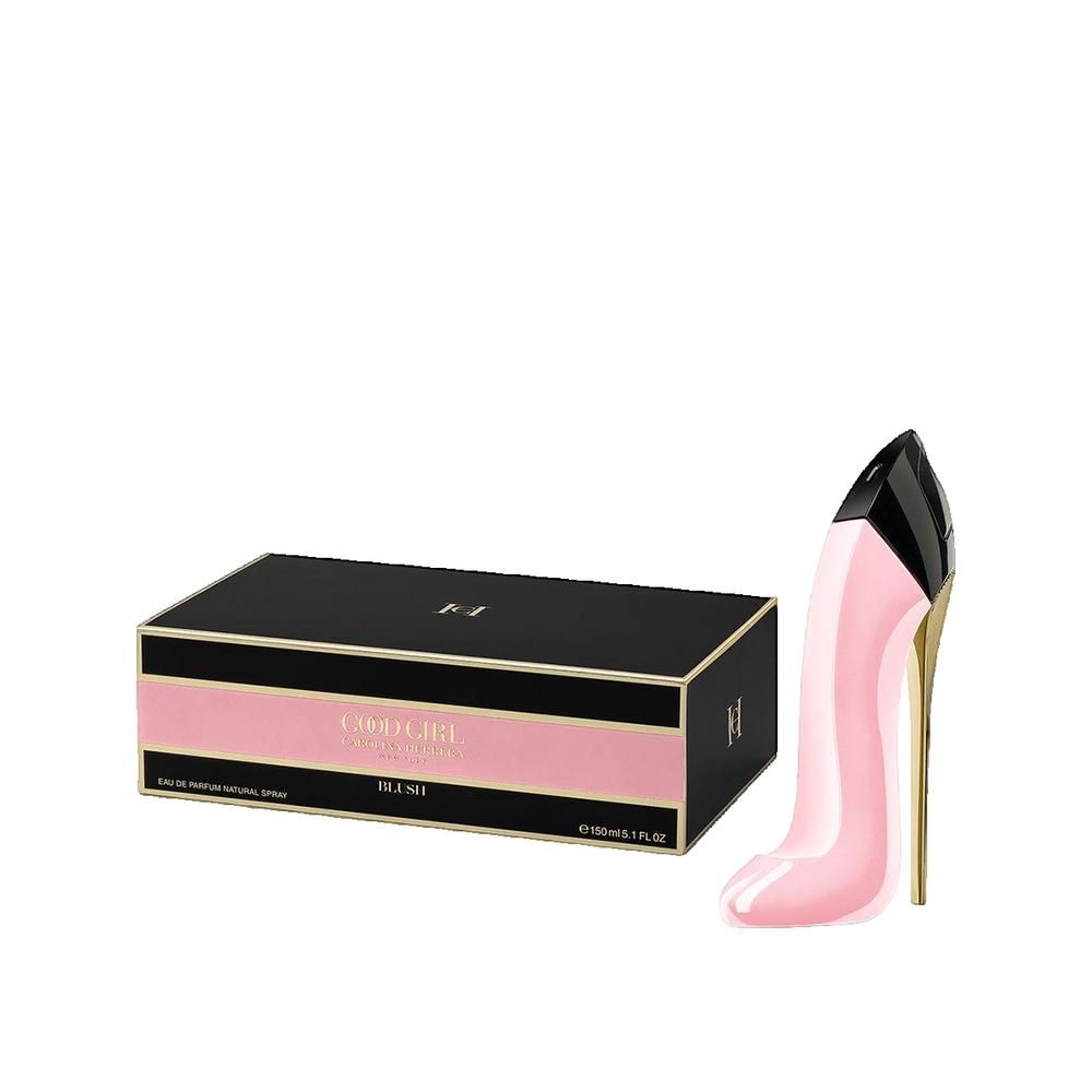 Flacone rosa a forma di tacco alto e scatola nera con fascia rosa. Scritta "Good Girl Blush".