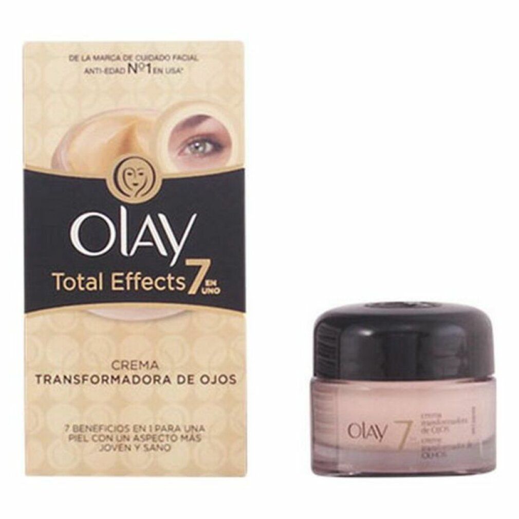 Crema occhi Olay Total Effects e confezione. Crema in vasetto di vetro con coperchio nero. Confezione con nome e logo del prodotto.