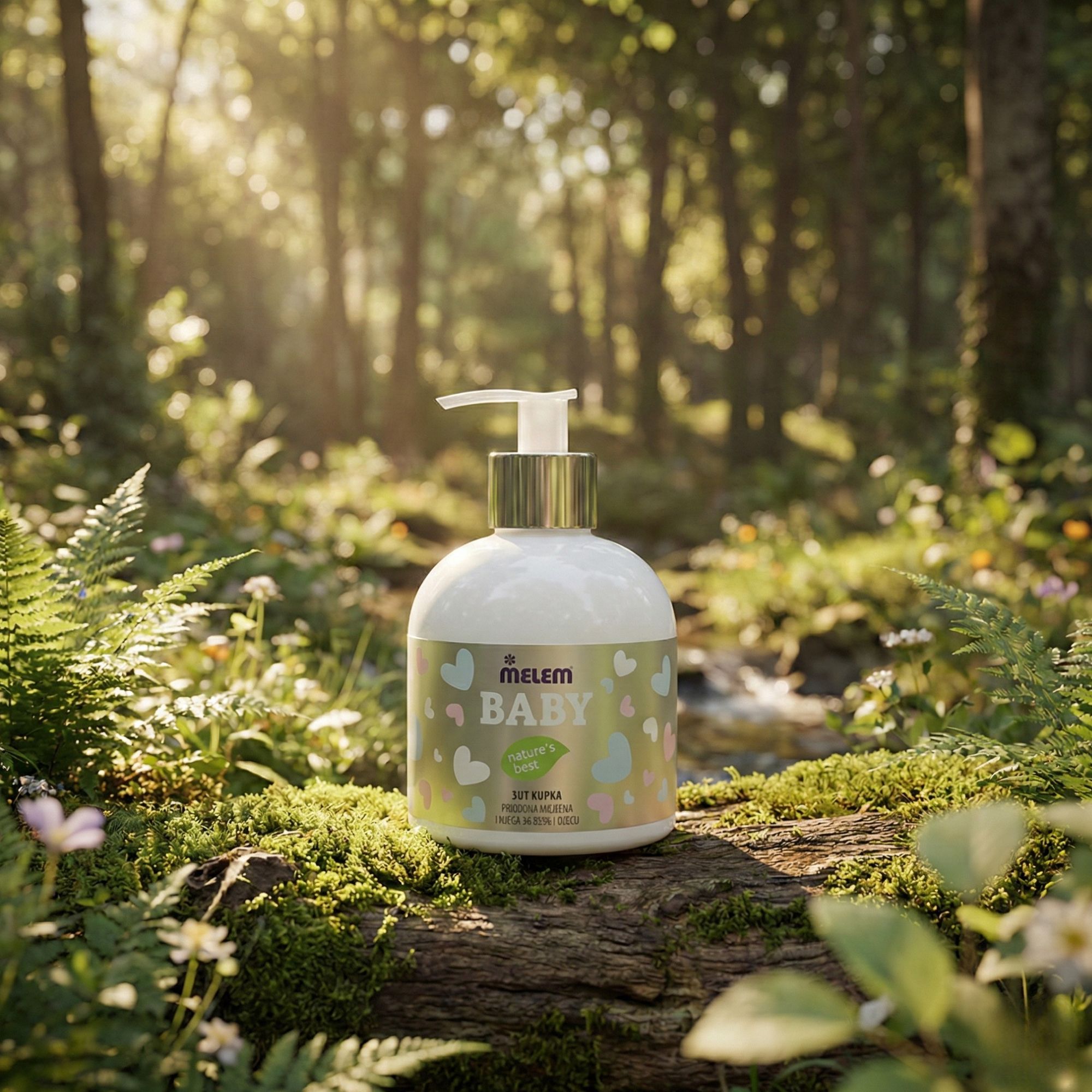 Flacone bianco con dosatore, etichetta BABY. Posizionato su un tronco muschioso in un ambiente boschivo.
