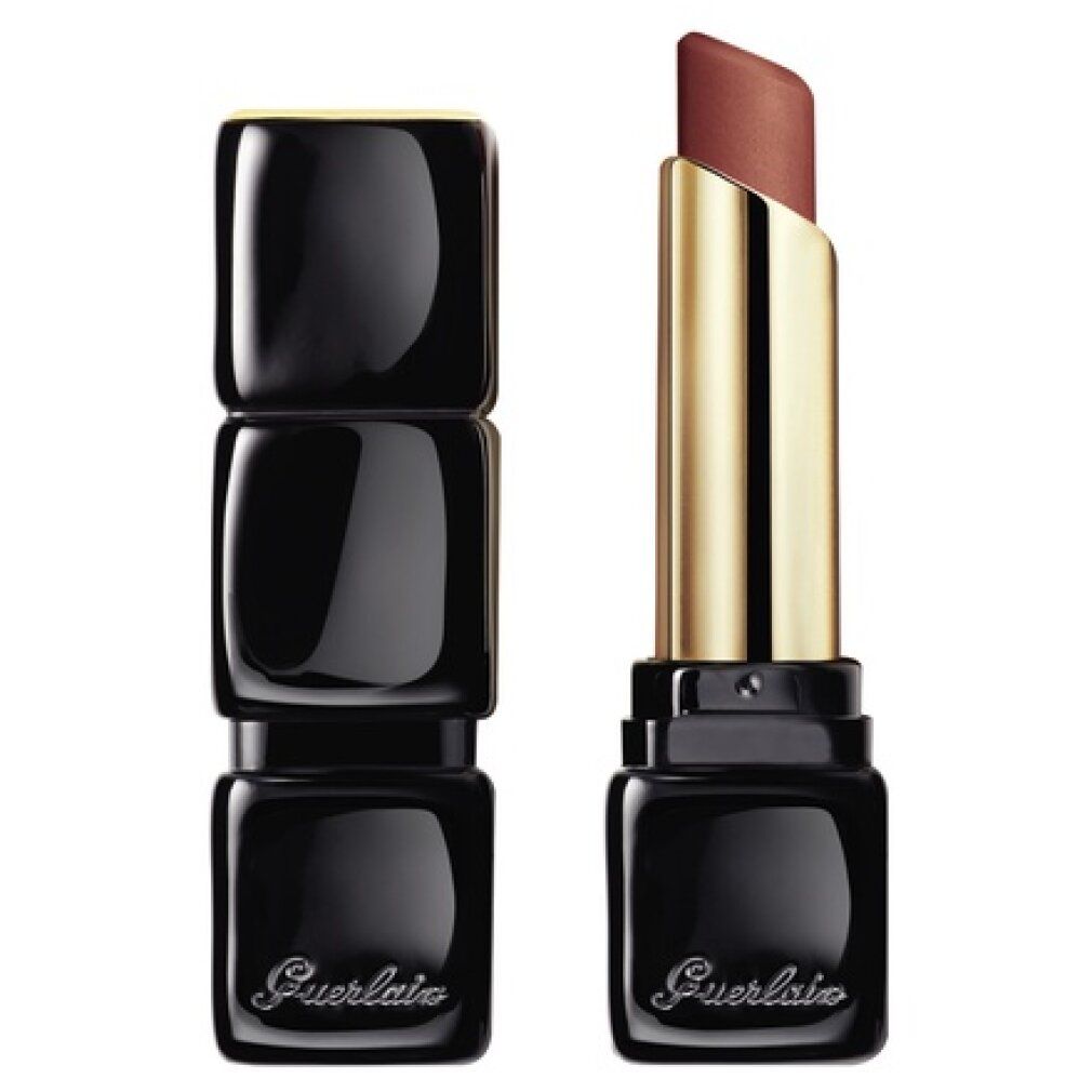 Rossetto aperto e chiuso, con custodia nera quadrata e stick dorato. Il rossetto è marrone.