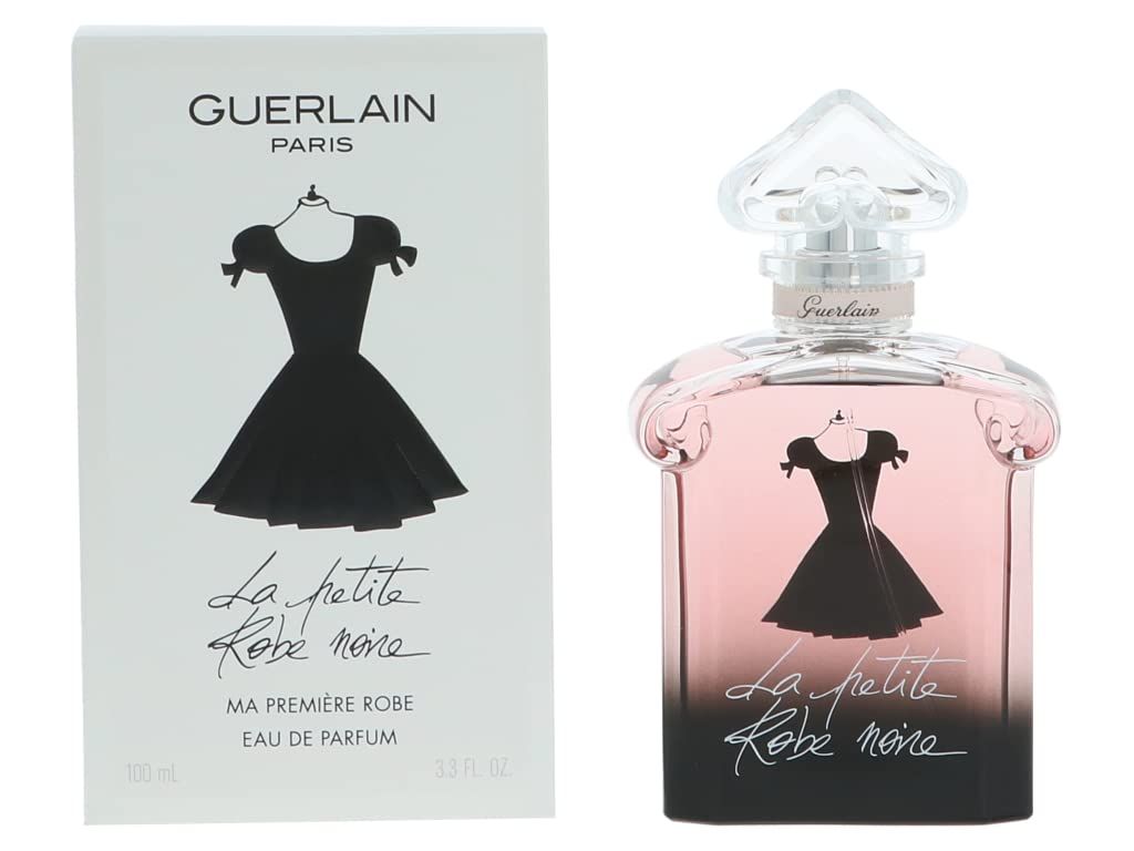 Flacone e confezione. Abito nero su sfondo rosa-nero. Scritta La petite Robe noire. Guerlain Paris.