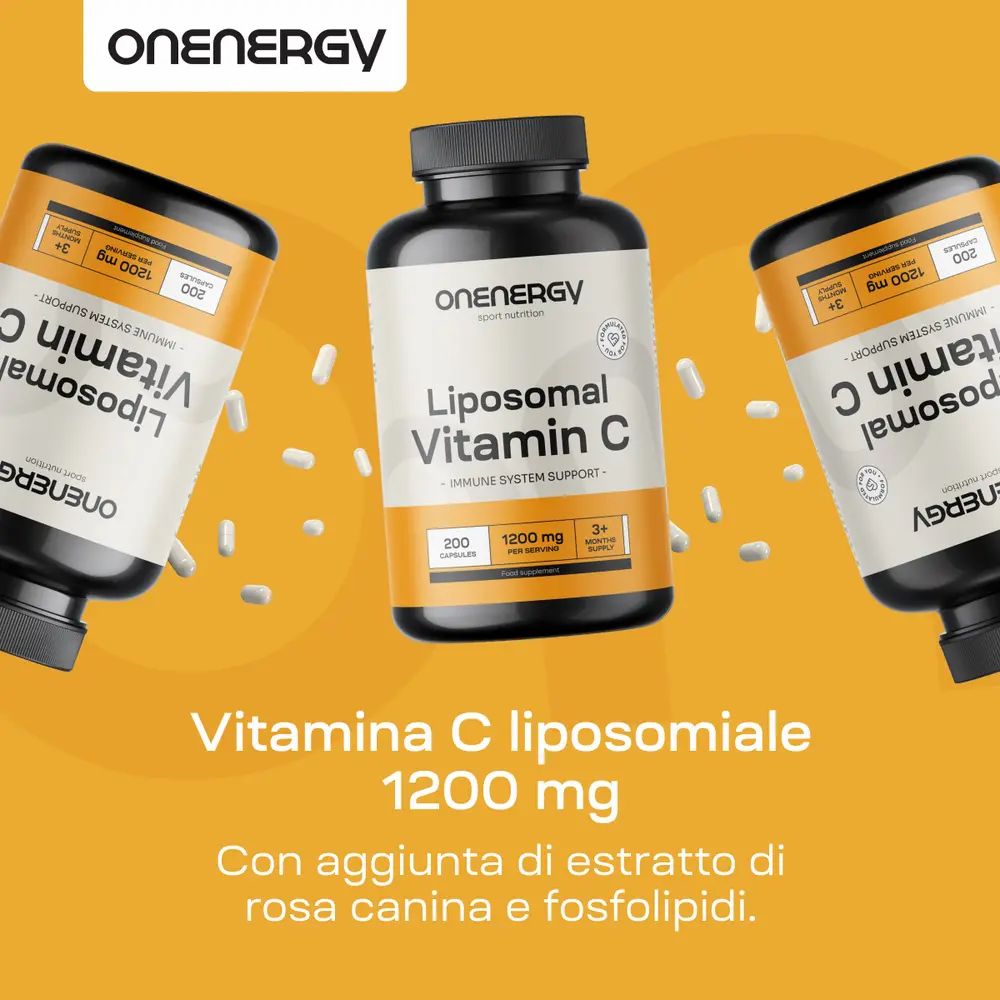 Tre flaconi OnEnergy Vitamina C liposomiale e capsule. Testo: Vitamina C liposomiale 1200 mg. Con rosa canina e fosfolipidi.