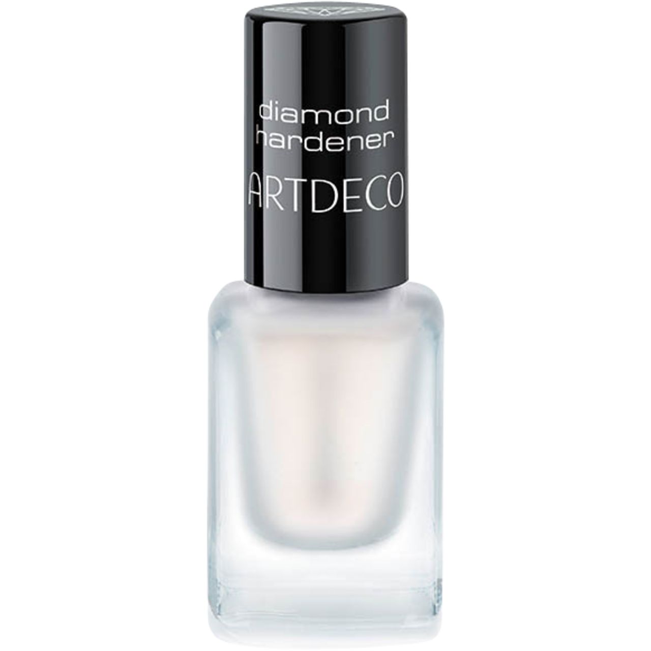 Artdeco Diamond Hardener. Flacone con tappo nero. Nome del prodotto sul collo del flacone. Flacone quadrato trasparente con contenuto incolore.