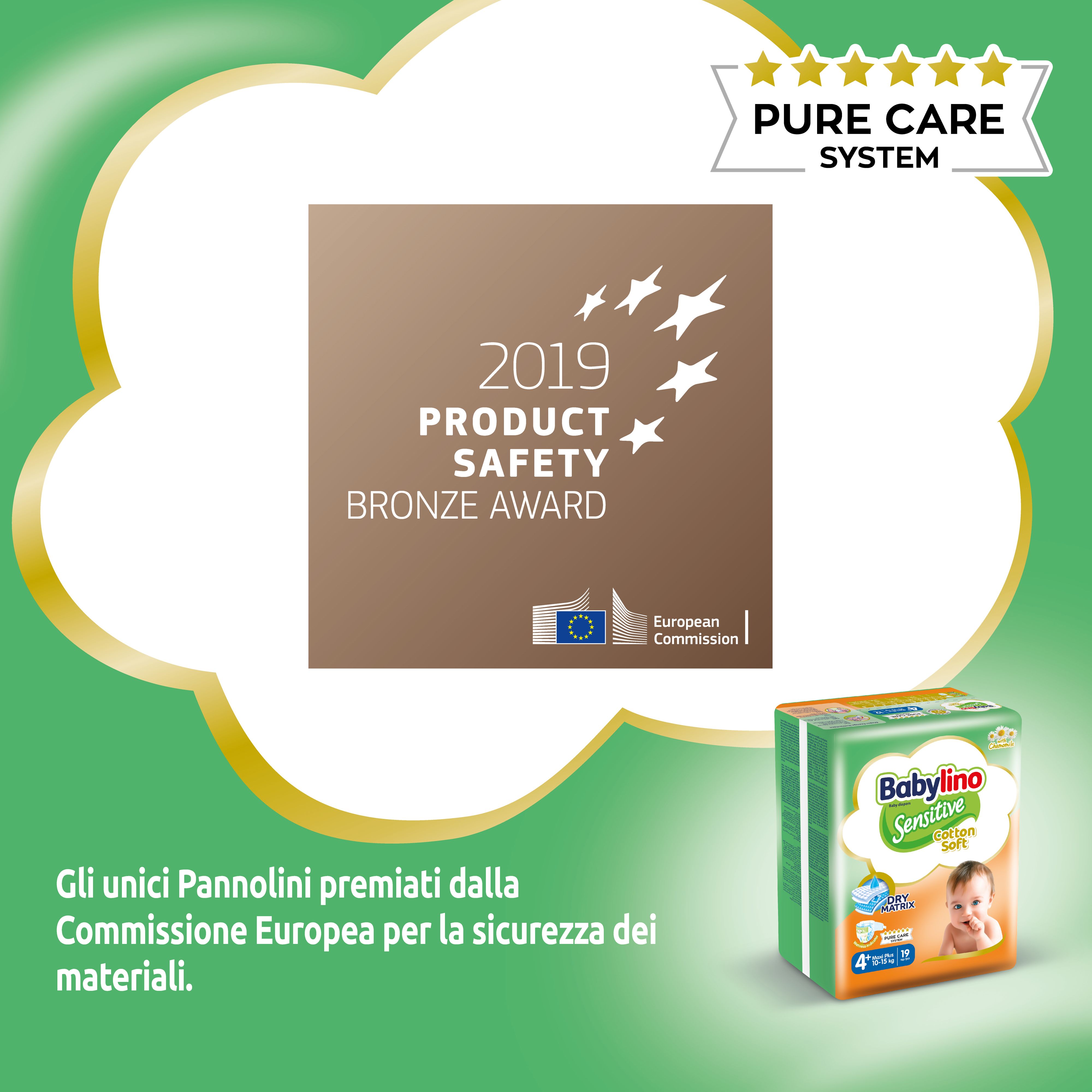 Premio Bronzo 2019 per la sicurezza dei prodotti. Piccolo pacco Babylino Sensitive. Logo Pure Care System.