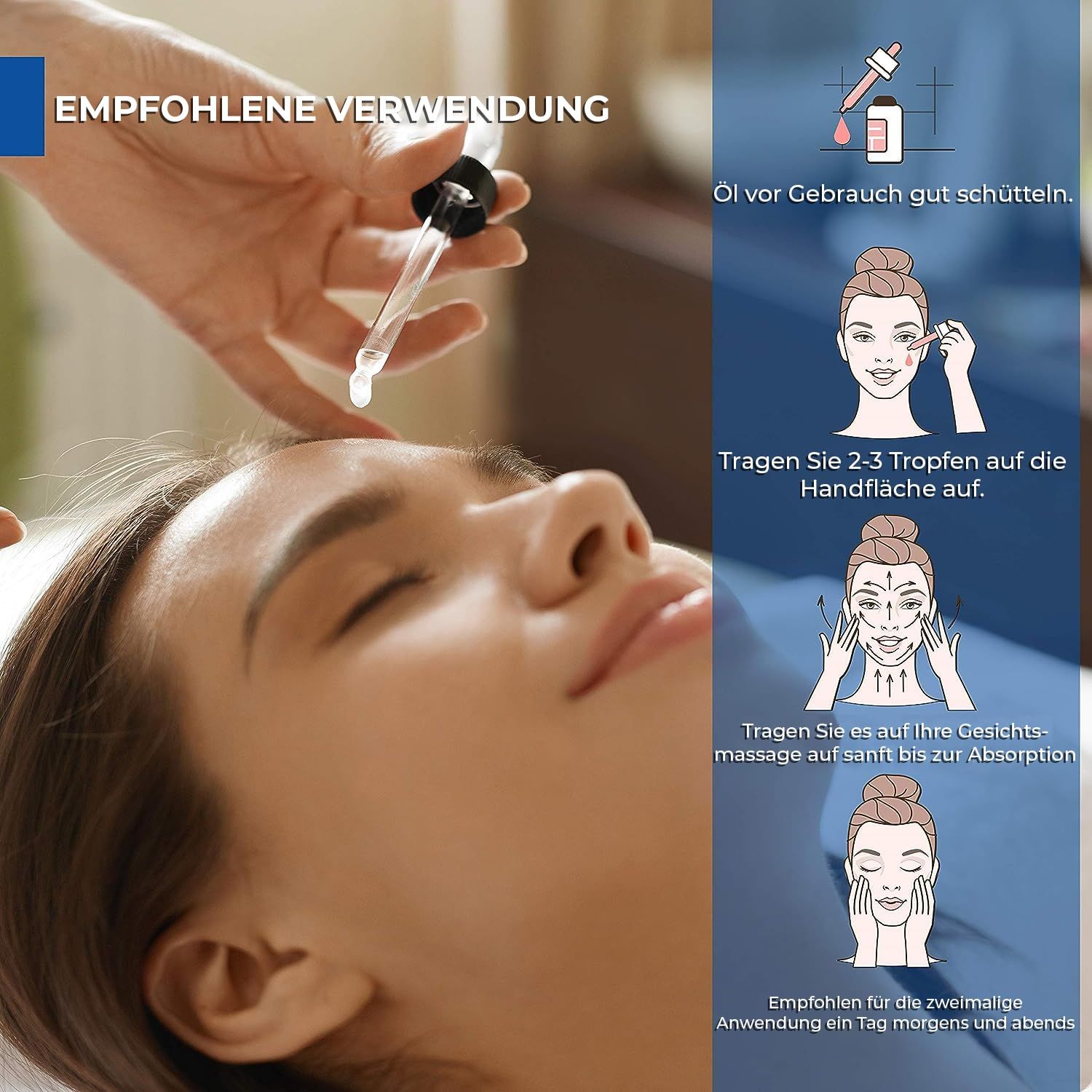 Donna riceve siero al retinolo con contagocce. Istruzioni: Agitare prima dell'uso, applicare 2-3 gocce sul palmo, massaggiare delicatamente, usare due volte al giorno.