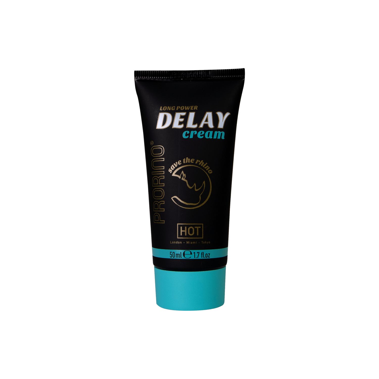 Tubo con base turchese. Design nero con nome e logo del prodotto. Scritta: DELAY cream.
