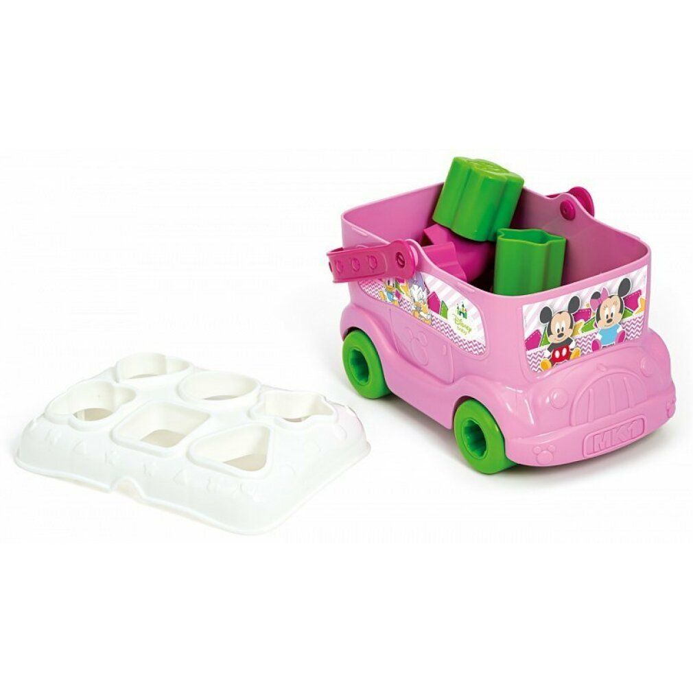Autobus giocattolo rosa con forme. Forme nell'autobus. Piastra di smistamento forme bianca accanto. Scritta: Minnie Mouse. Ruote verdi.