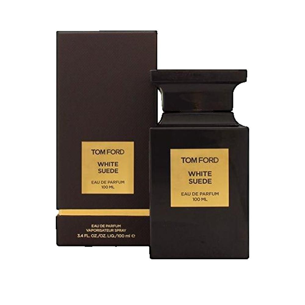 Flacone e confezione neri Tom Ford White Suede Parfum. Etichette dorate con nome prodotto. 100 ml.