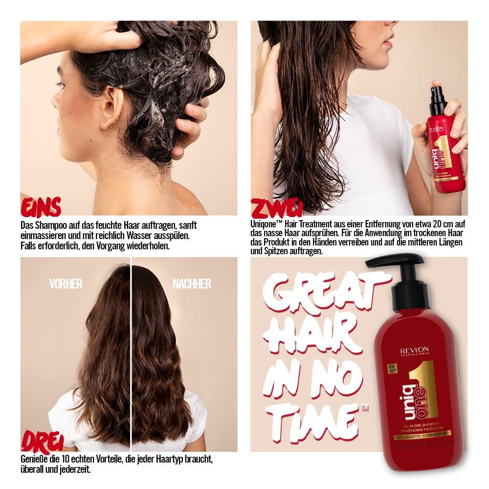 Passaggi per l'uso di Revlon UniqOne. Effetto prima/dopo. Flacone rosso con pompa nera. Testo: 10 benefici.